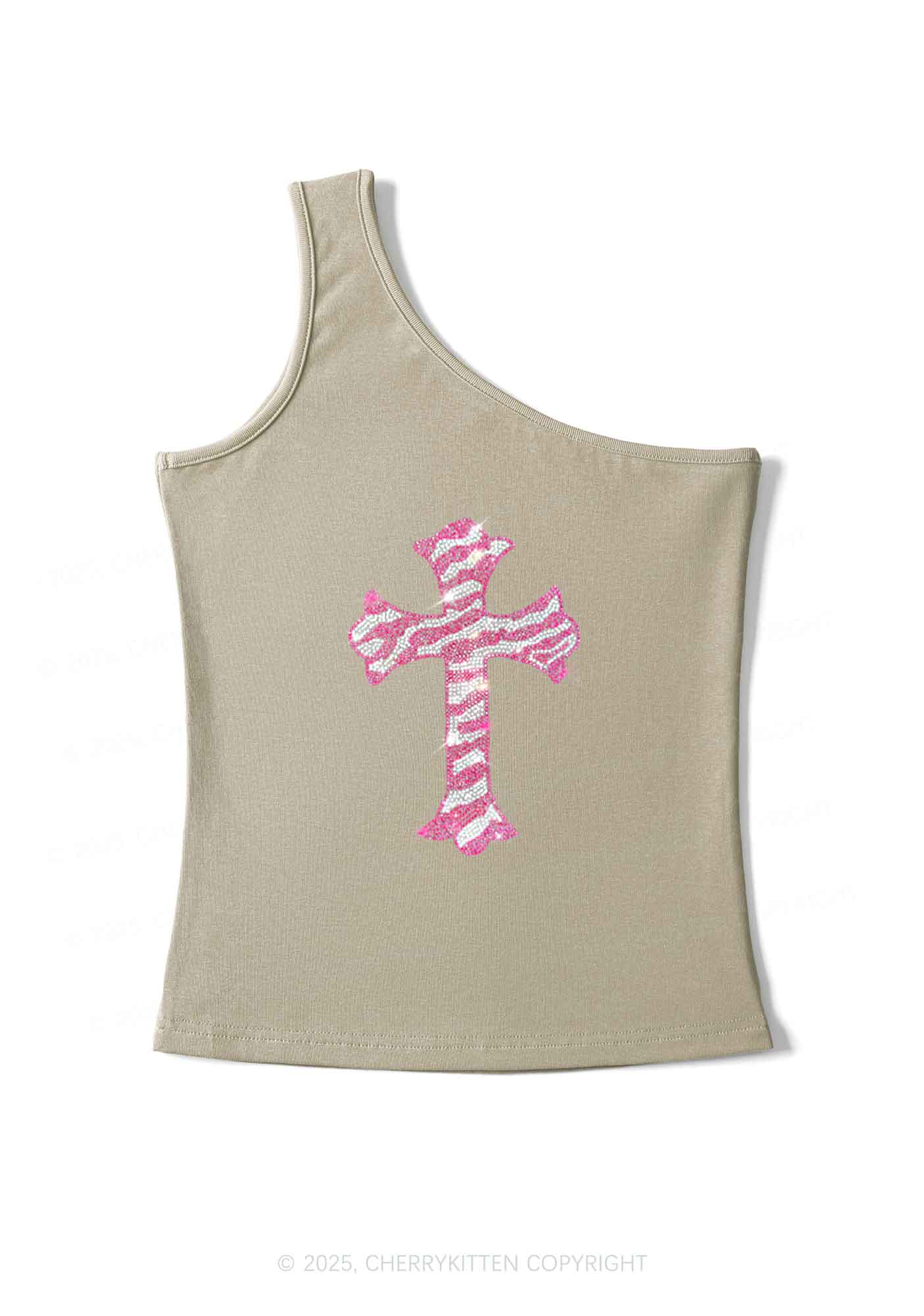 Rhinestone Pink Cross Y2K One Shoulder Tank Top Cherrykitten - Image 5
