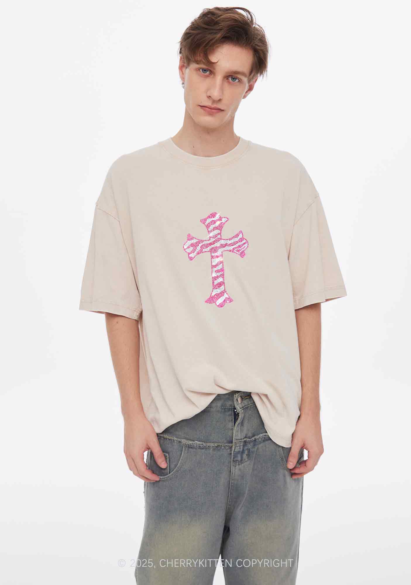Rhinestone Pink Cross Y2K Shirts Washed Tee Cherrykitten - Image 2