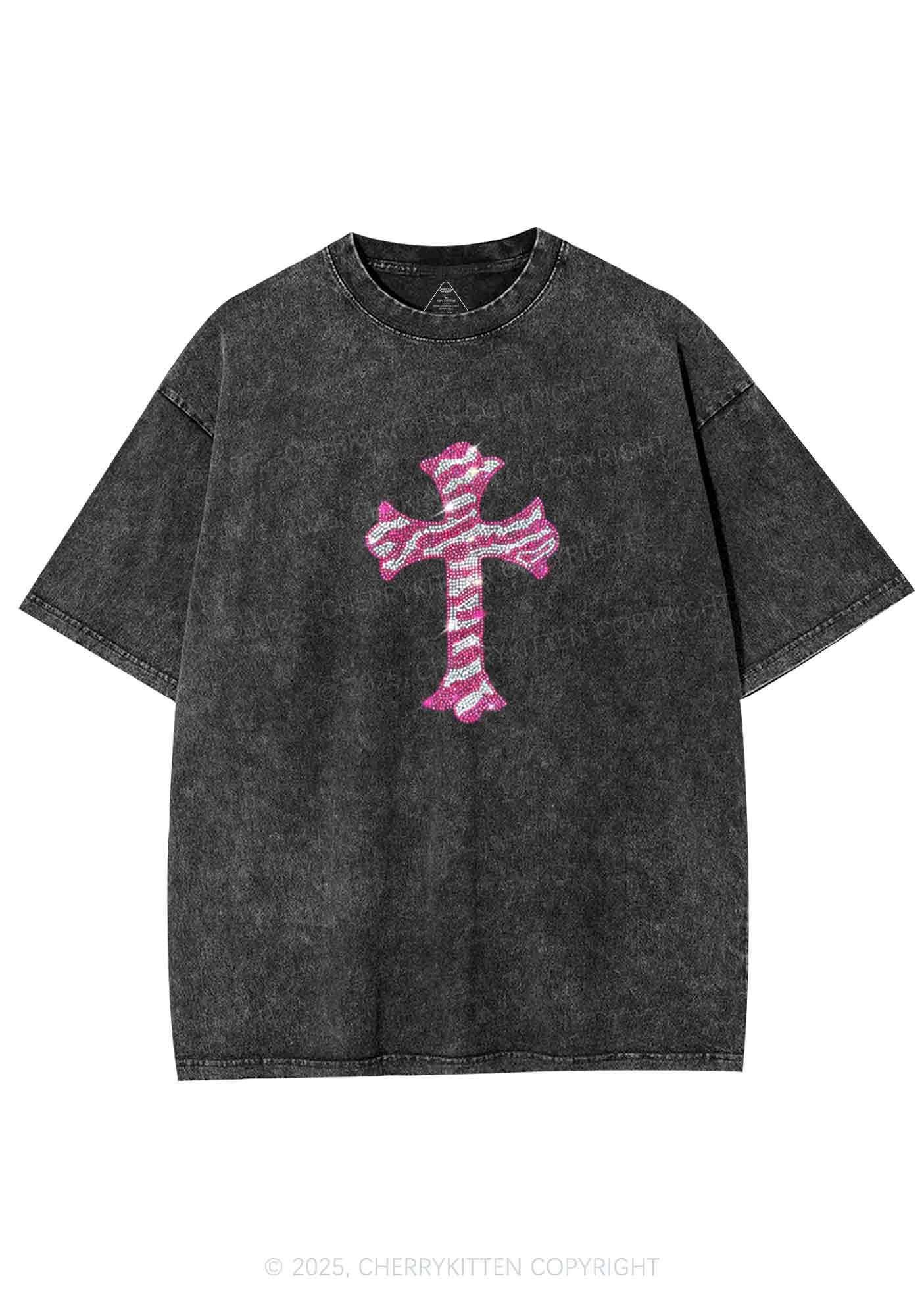 Rhinestone Pink Cross Y2K Shirts Washed Tee Cherrykitten - Image 3