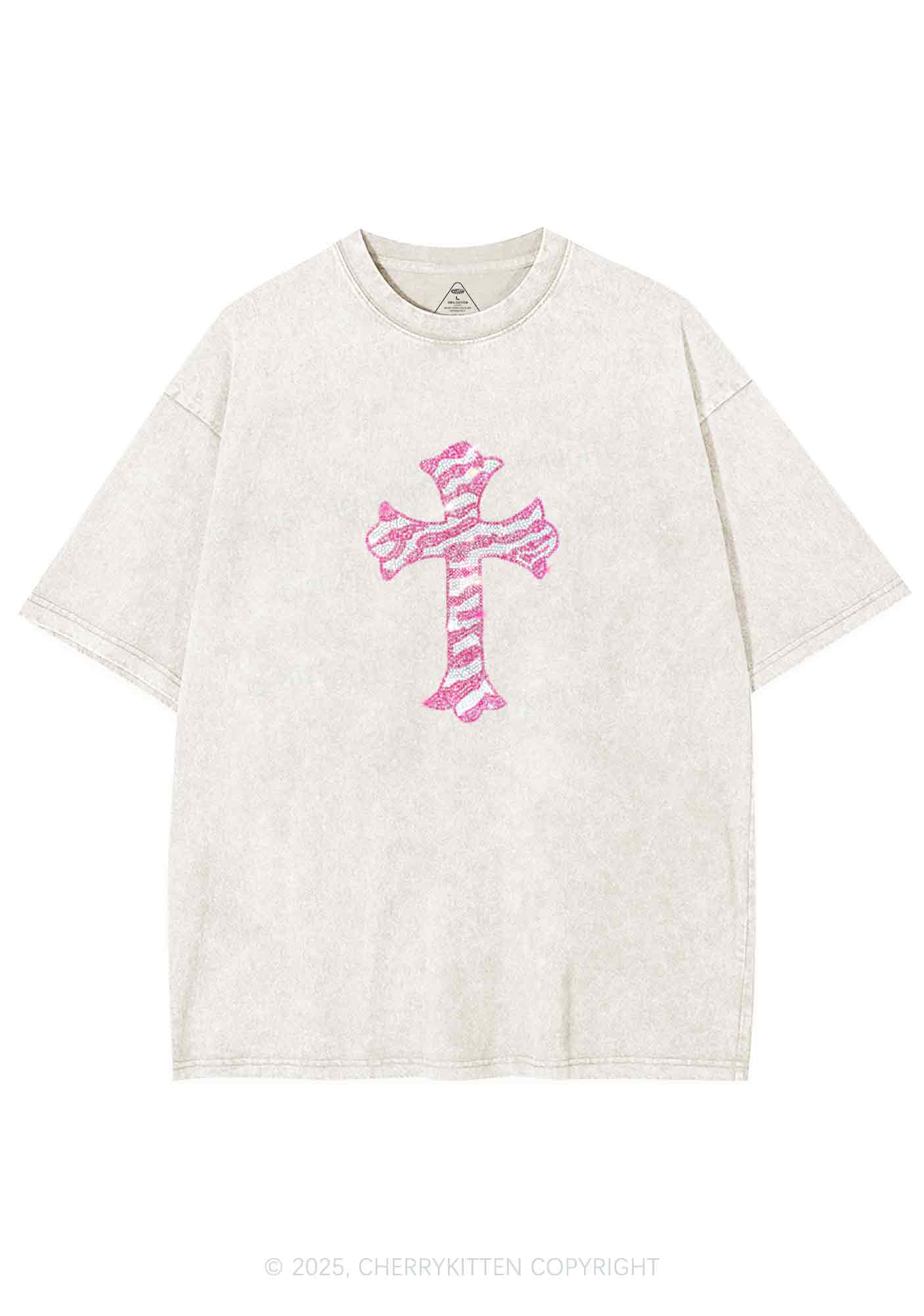 Rhinestone Pink Cross Y2K Shirts Washed Tee Cherrykitten - Image 4