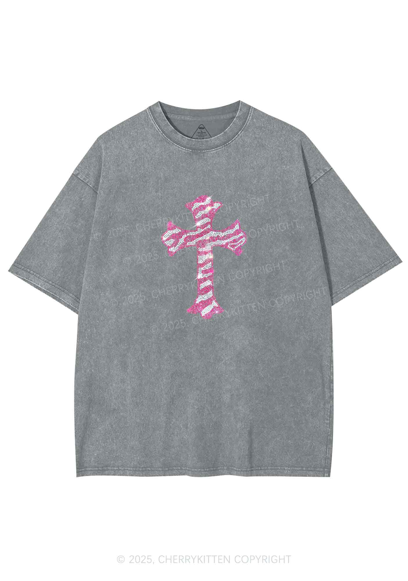 Rhinestone Pink Cross Y2K Shirts Washed Tee Cherrykitten - Image 5