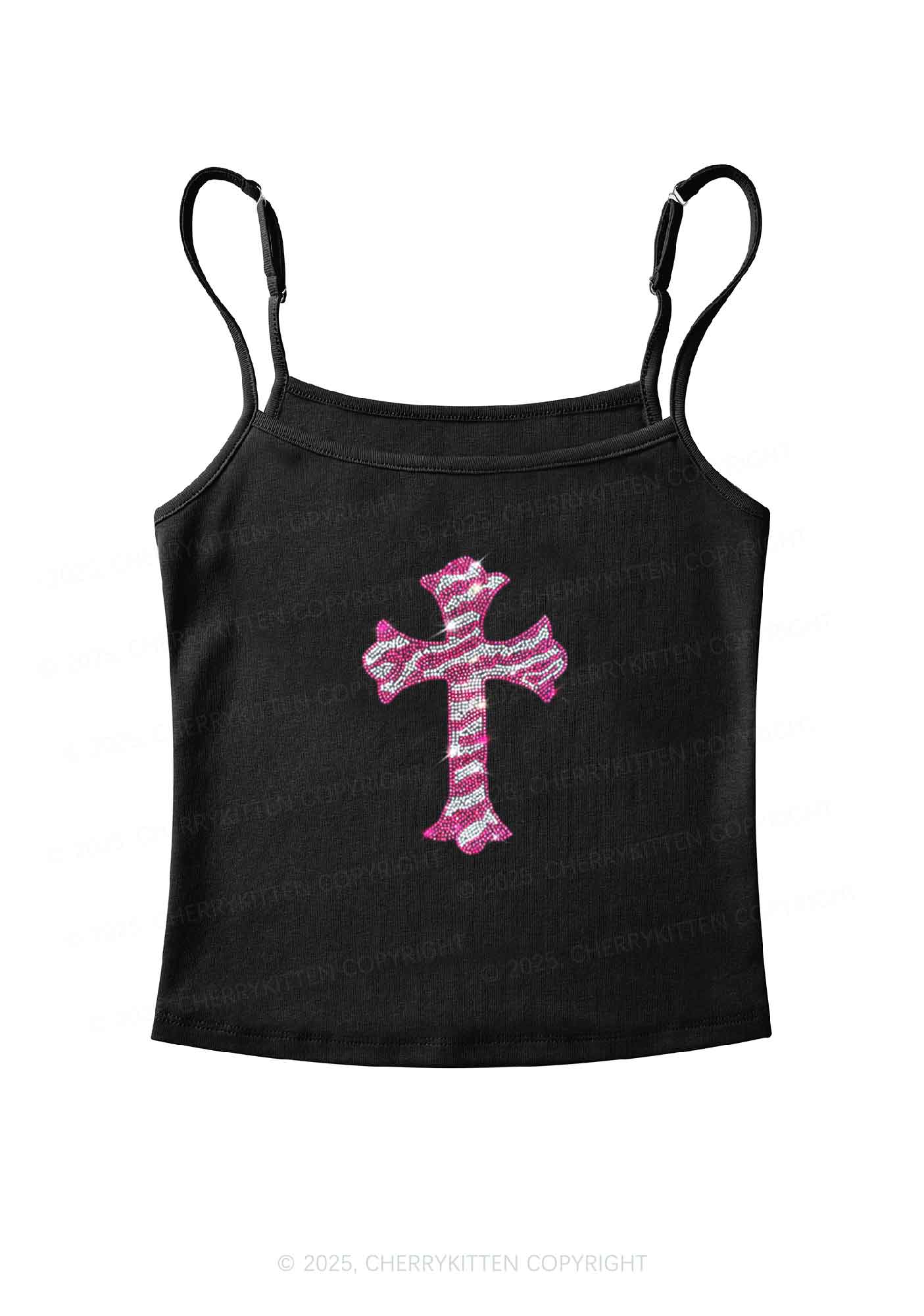 Rhinestone Pink Cross Y2K Spaghetti Strap Cami Cherrykitten - Image 2
