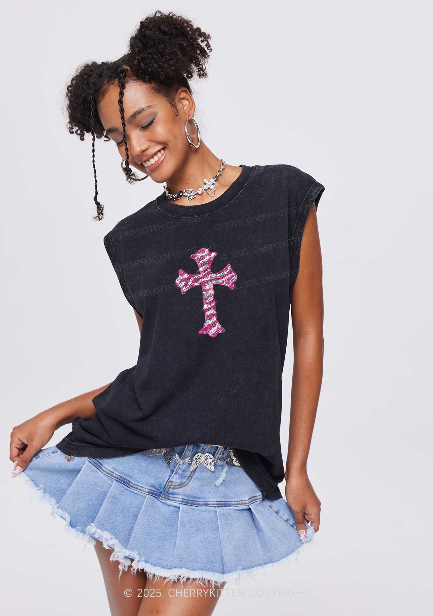 Rhinestone Pink Cross Y2K Washed Muscle Tank Cherrykitten - Image 2