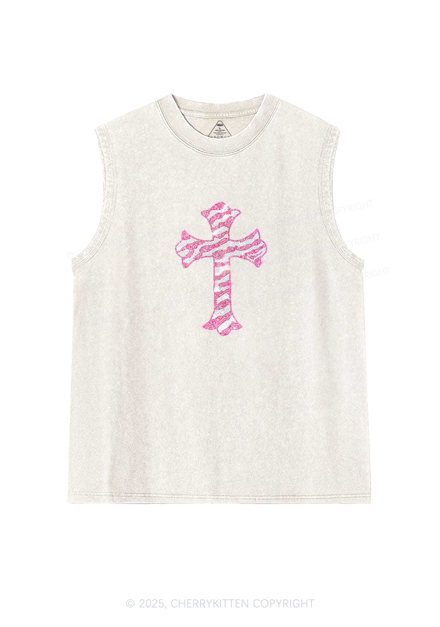 Rhinestone Pink Cross Y2K Washed Muscle Tank Cherrykitten - Image 3