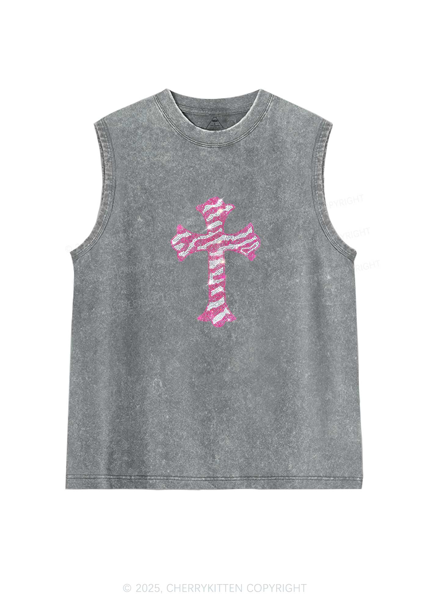 Rhinestone Pink Cross Y2K Washed Muscle Tank Cherrykitten - Image 4
