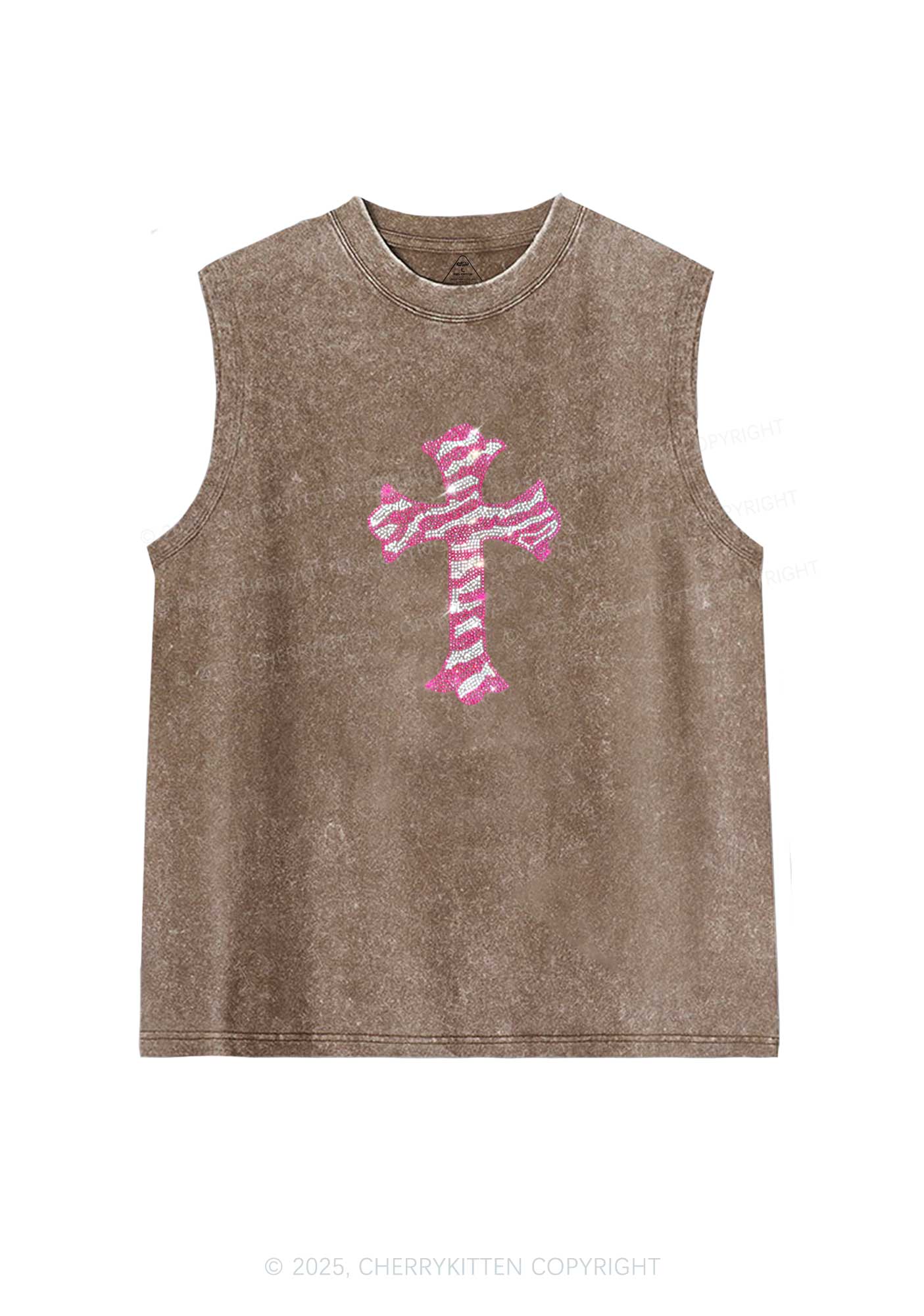 Rhinestone Pink Cross Y2K Washed Muscle Tank Cherrykitten - Image 5