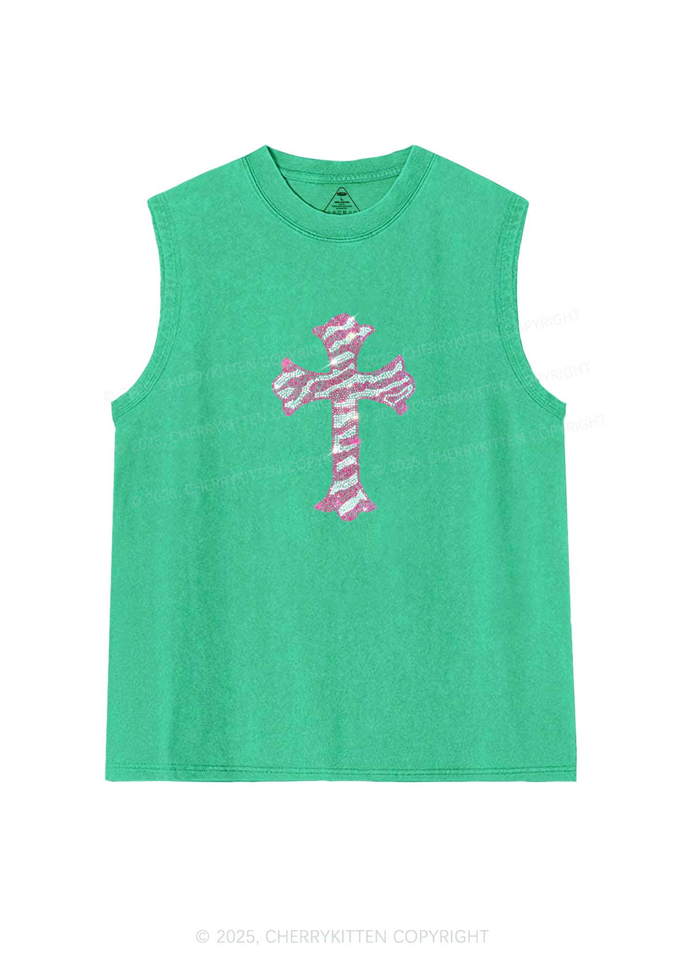 Rhinestone Pink Cross Y2K Washed Muscle Tank Cherrykitten - Image 7