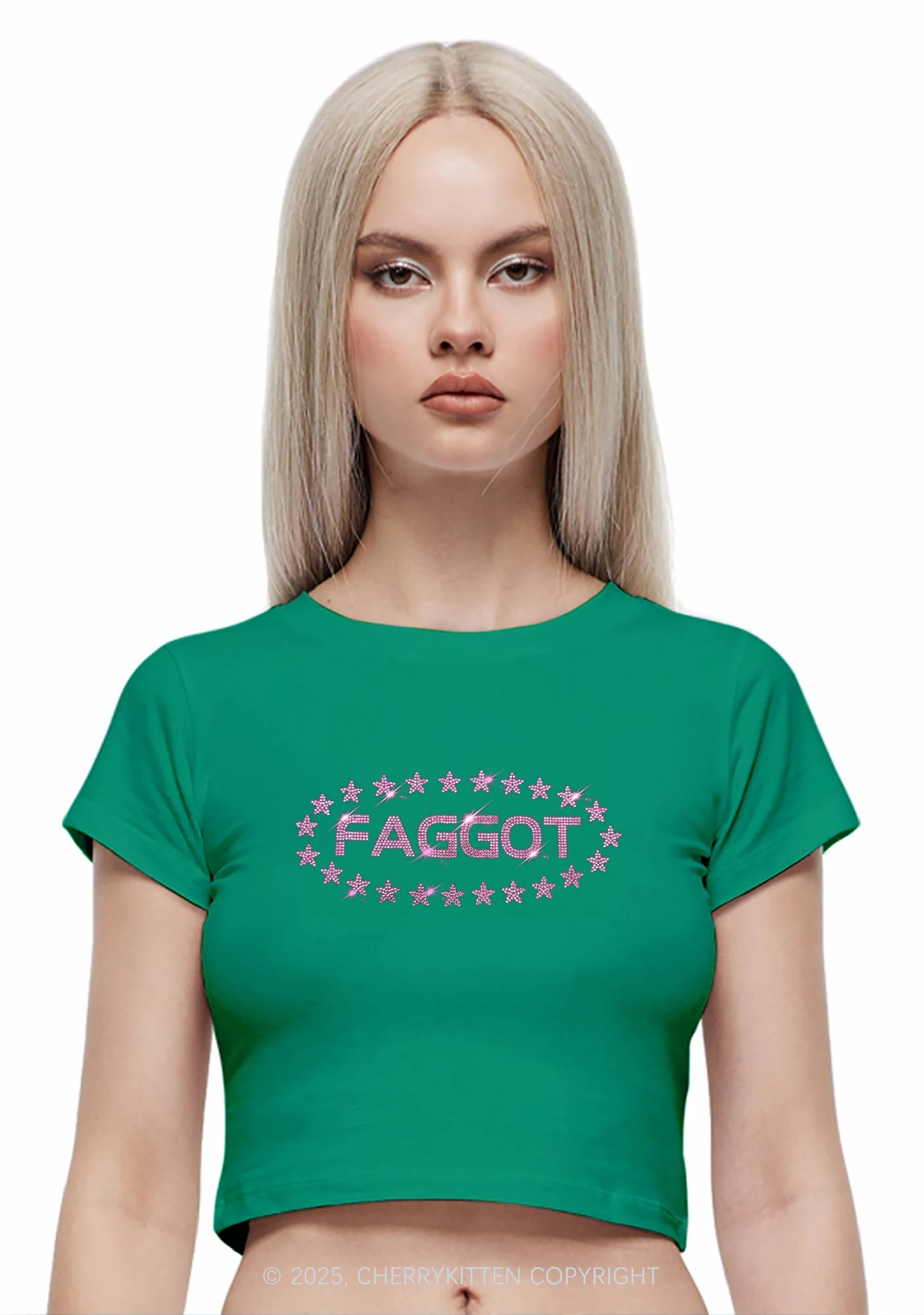 Rhinestone Pink Faggot Stars Pride Y2K Baby Tee Cherrykitten - Image 2