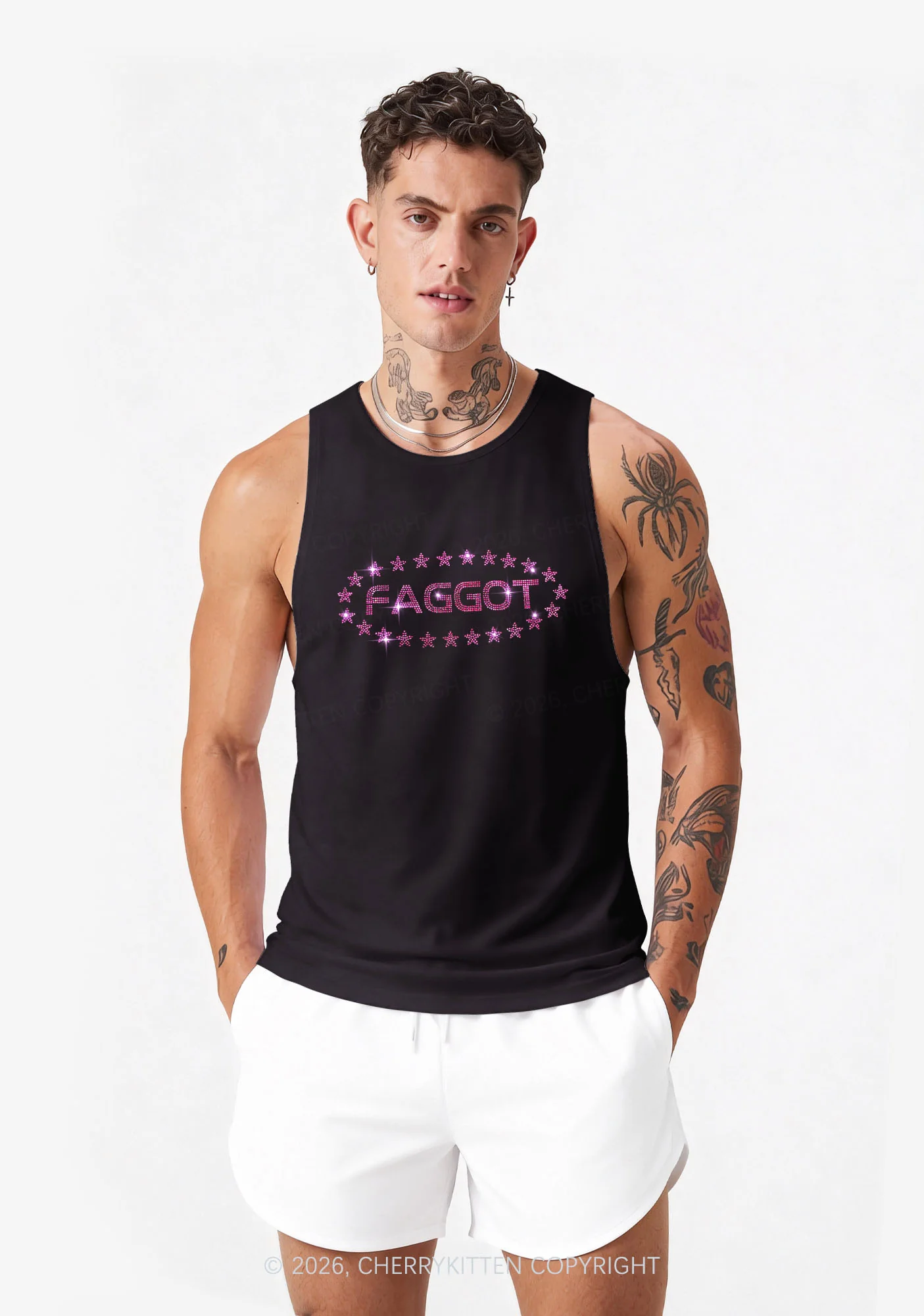 Rhinestone Pink Faggot Stars Pride Y2K Men Racerback Tank Top Cherrykitten - Image 2