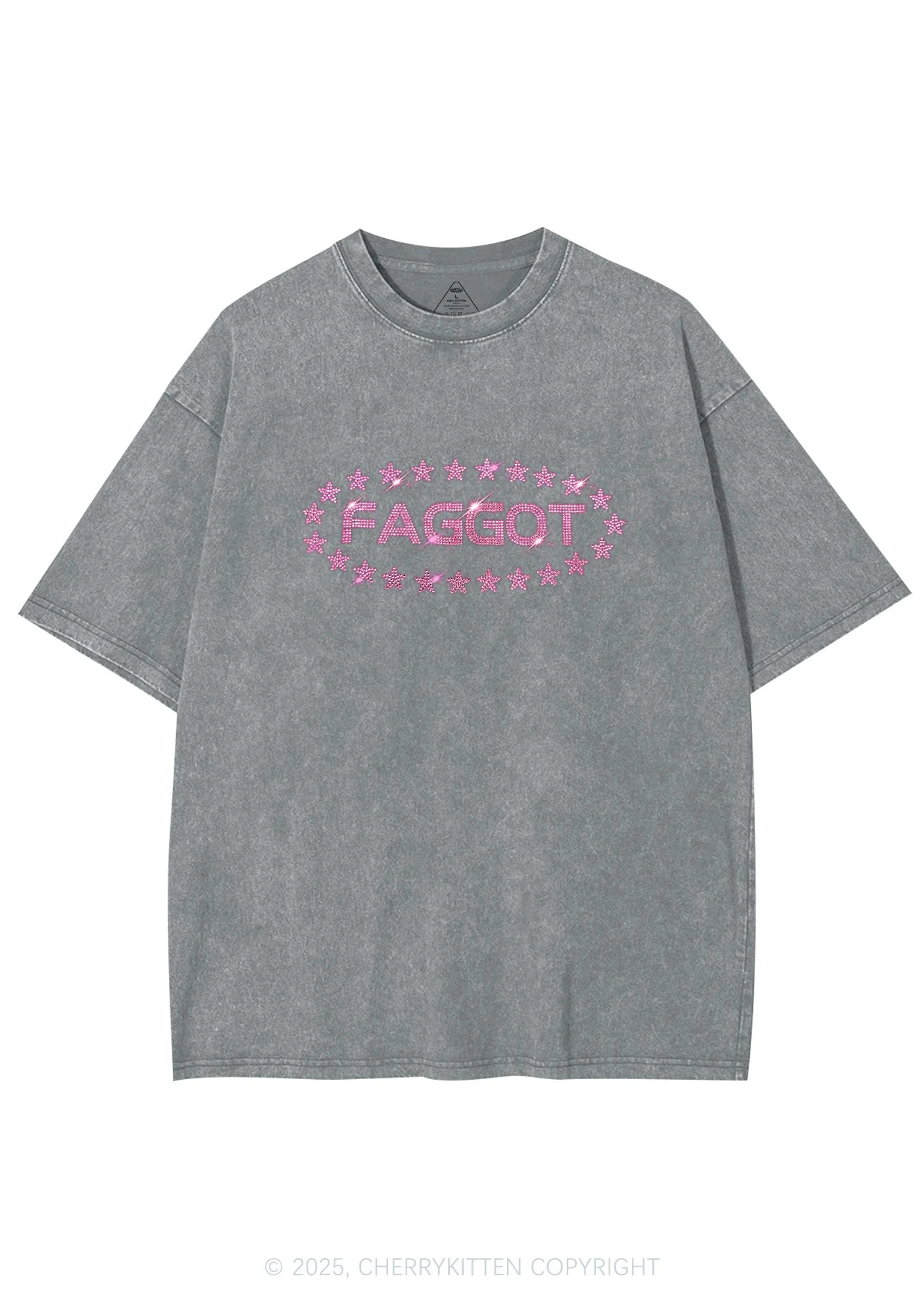 Rhinestone Pink Faggot Stars Pride Y2K Shirts Washed Tee Cherrykitten - Image 6