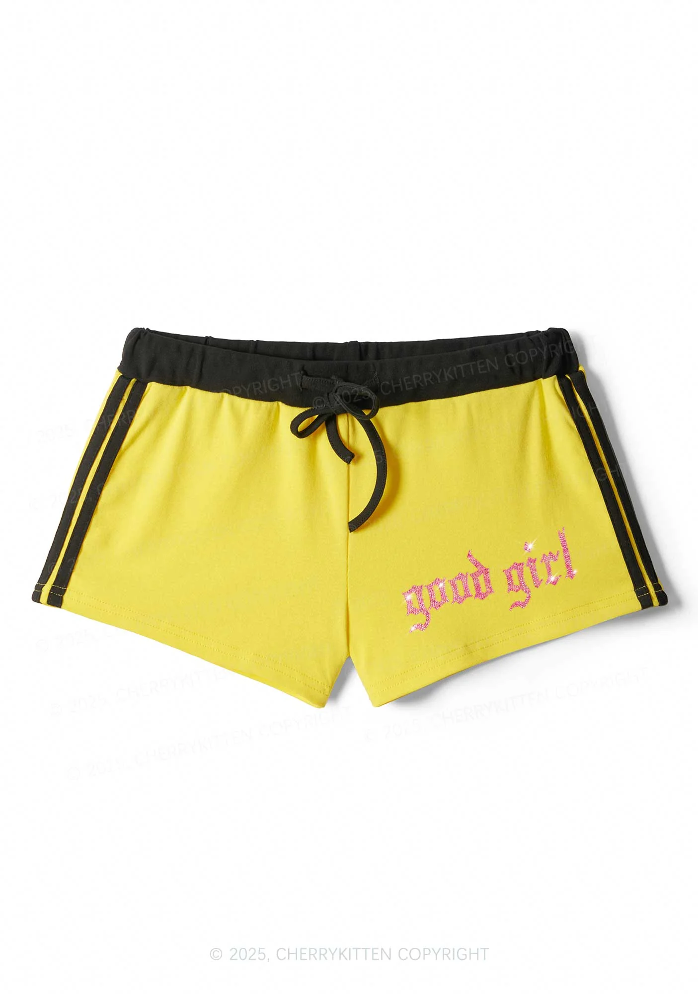 Rhinestone Pink Good Girl Y2K Drawstring Mini Shorts Cherrykitten - Image 3