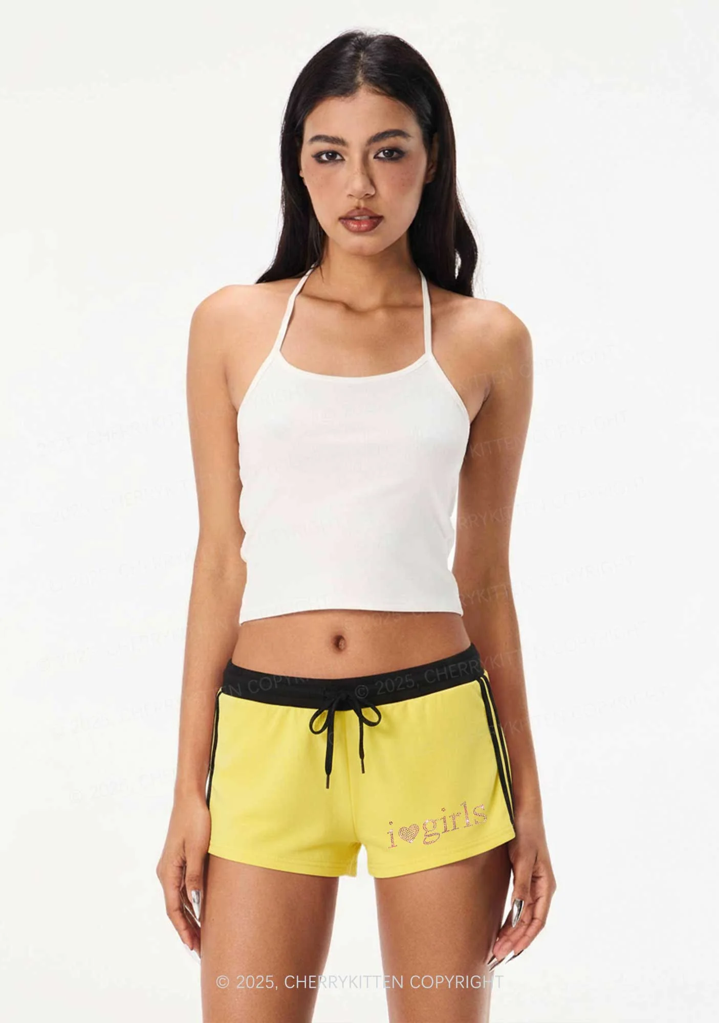 Rhinestone Pink I Love Girls Y2K Drawstring Mini Shorts Cherrykitten - Image 2