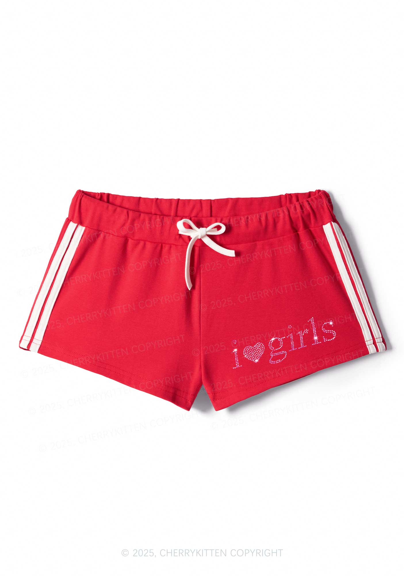 Rhinestone Pink I Love Girls Y2K Drawstring Mini Shorts Cherrykitten - Image 3