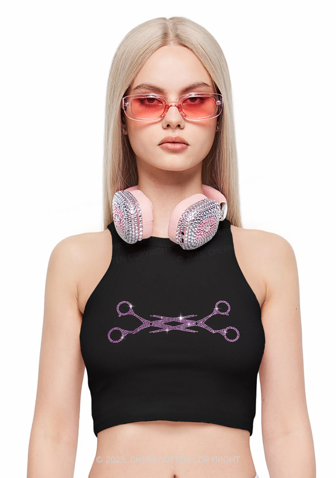 Rhinestone Pink Scissor Pride Y2K Crop Tank Top Cherrykitten - Image 2
