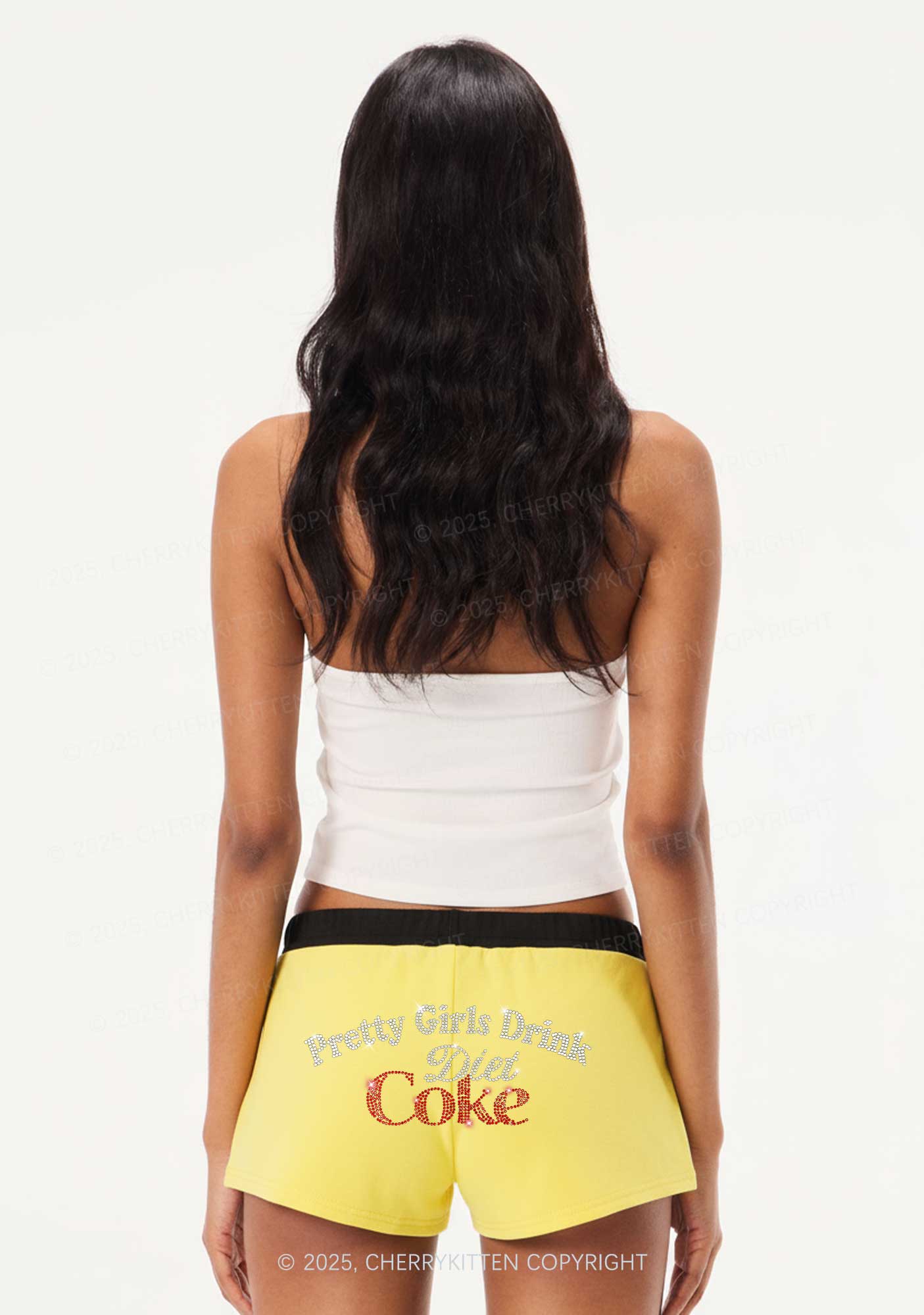 Rhinestone Pretty Girls Drink Diet Coke Y2K Drawstring Mini Shorts Cherrykitten - Image 2