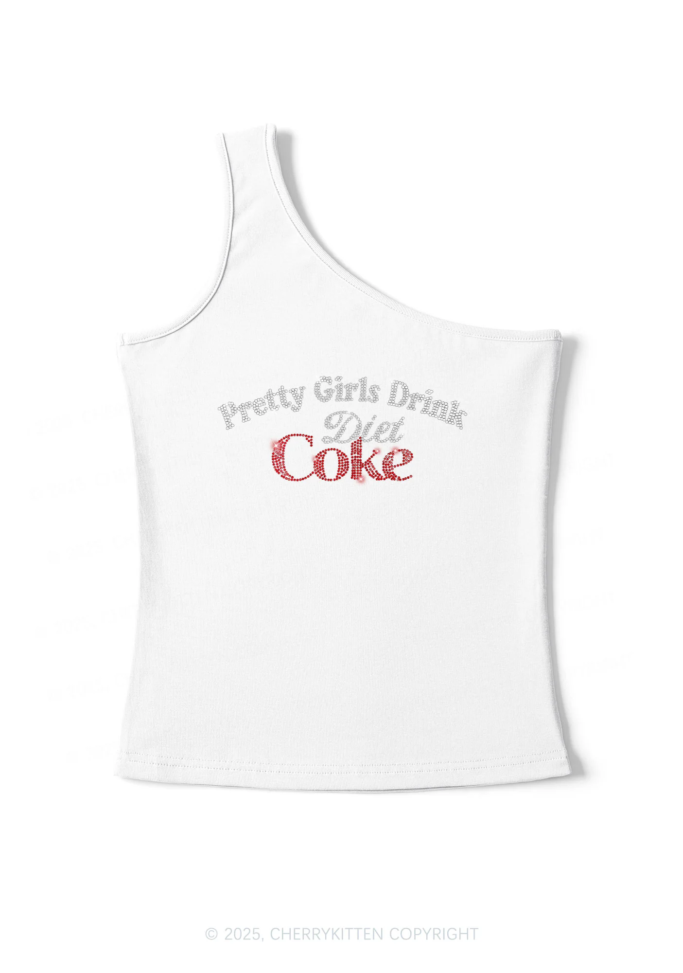 Rhinestone Pretty Girls Drink Diet Coke Y2K One Shoulder Tank Top Cherrykitten - Image 2