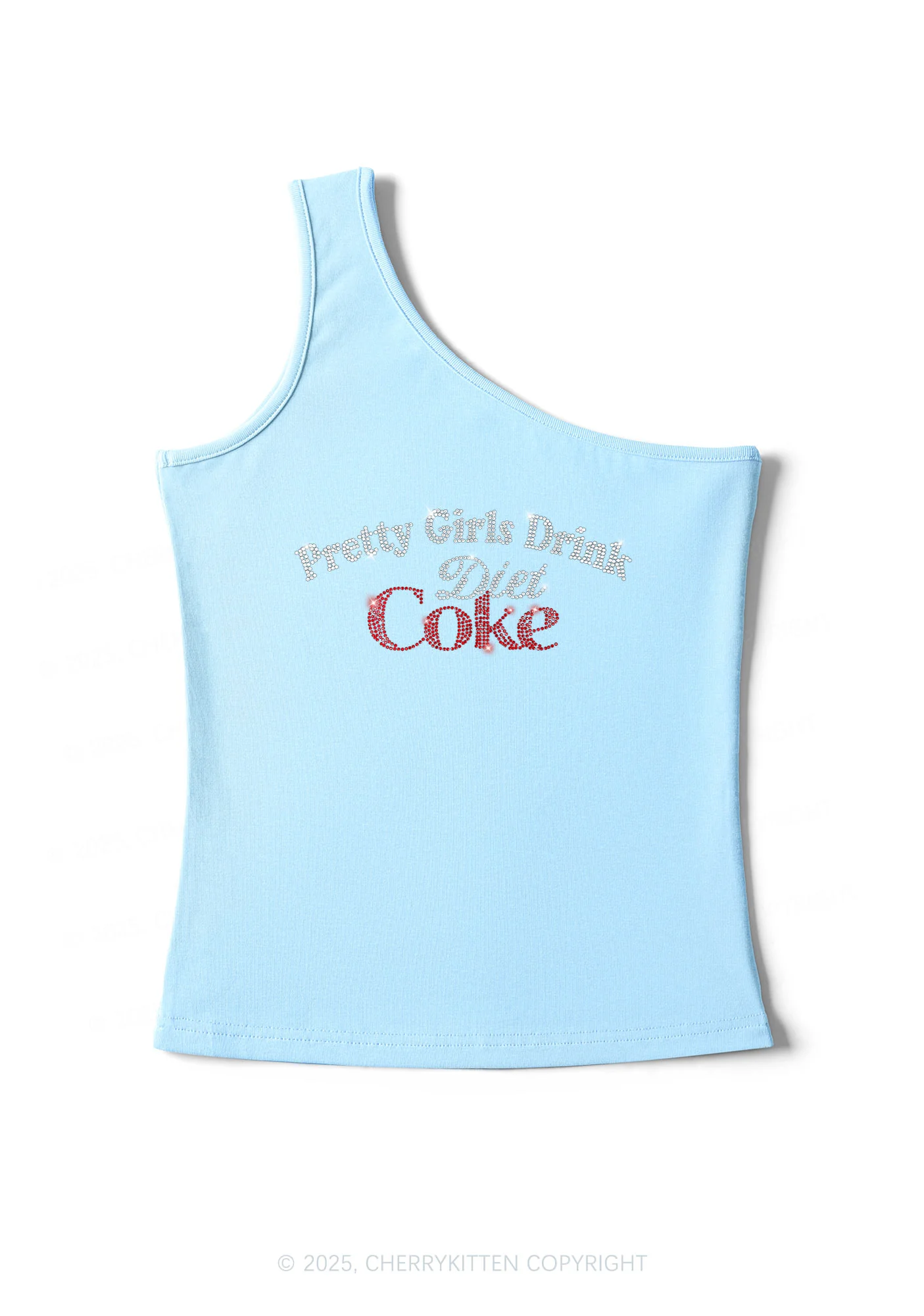 Rhinestone Pretty Girls Drink Diet Coke Y2K One Shoulder Tank Top Cherrykitten - Image 3