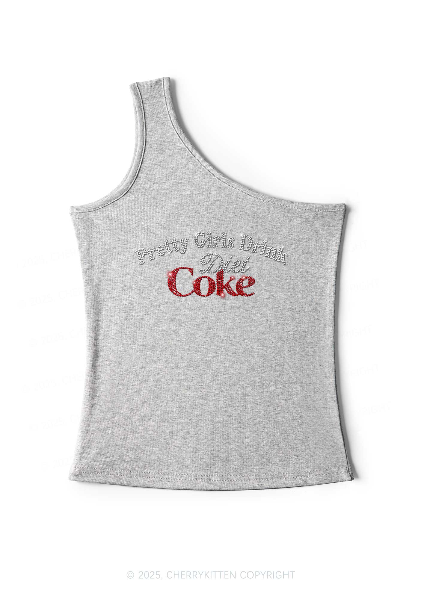 Rhinestone Pretty Girls Drink Diet Coke Y2K One Shoulder Tank Top Cherrykitten - Image 5