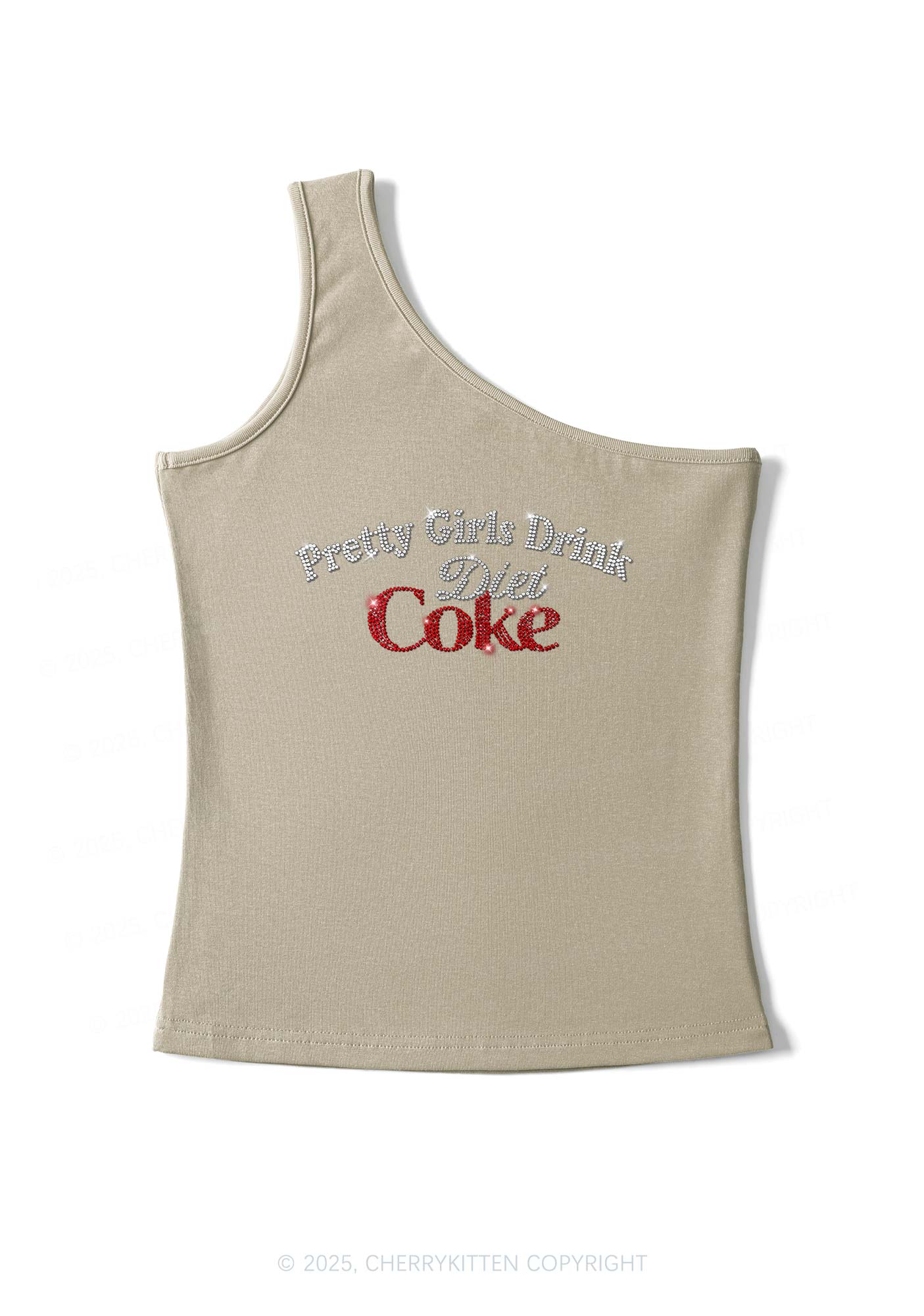 Rhinestone Pretty Girls Drink Diet Coke Y2K One Shoulder Tank Top Cherrykitten - Image 6