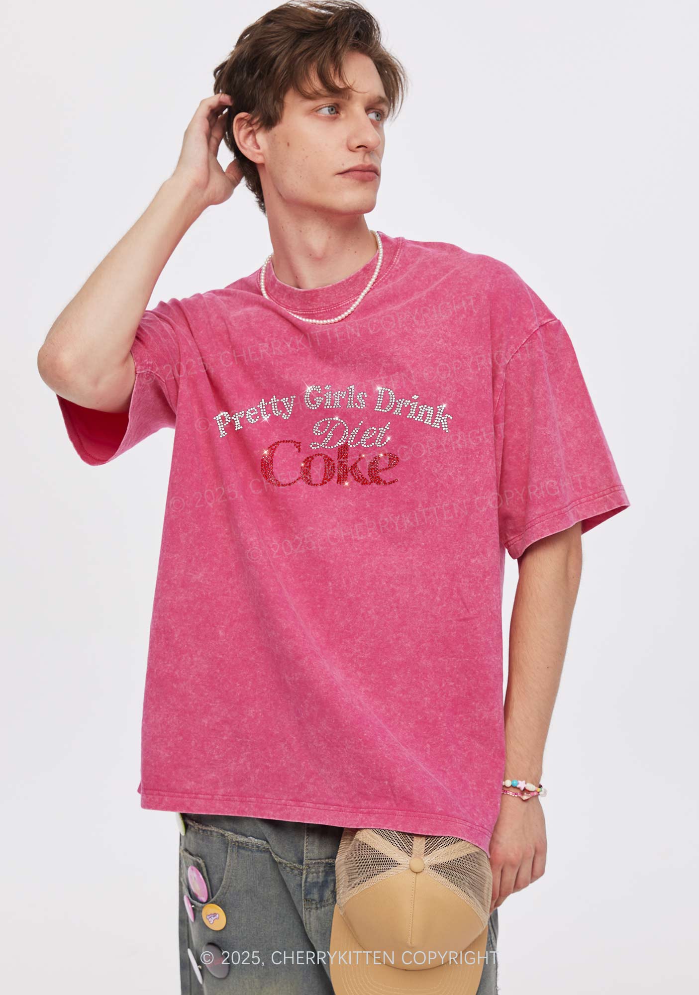 Rhinestone Pretty Girls Drink Diet Coke Y2K Shirts Washed Tee Cherrykitten - Image 2
