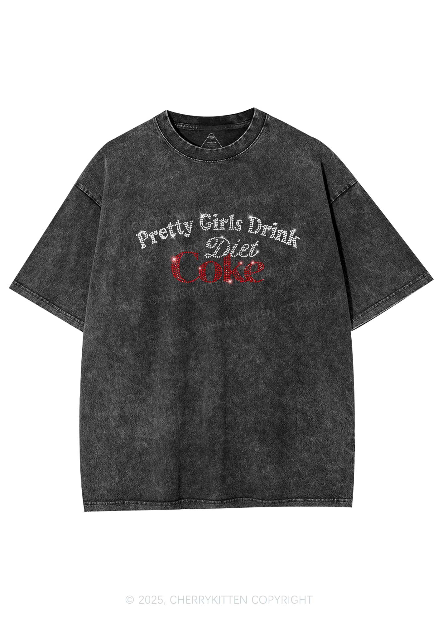Rhinestone Pretty Girls Drink Diet Coke Y2K Shirts Washed Tee Cherrykitten - Image 3