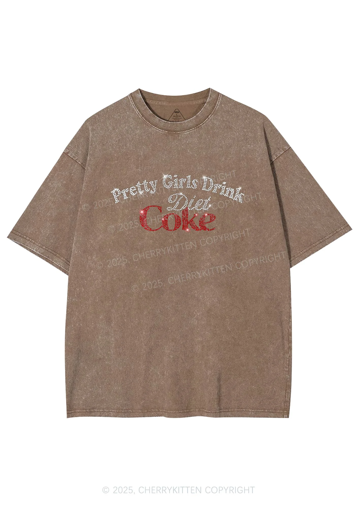 Rhinestone Pretty Girls Drink Diet Coke Y2K Shirts Washed Tee Cherrykitten - Image 5