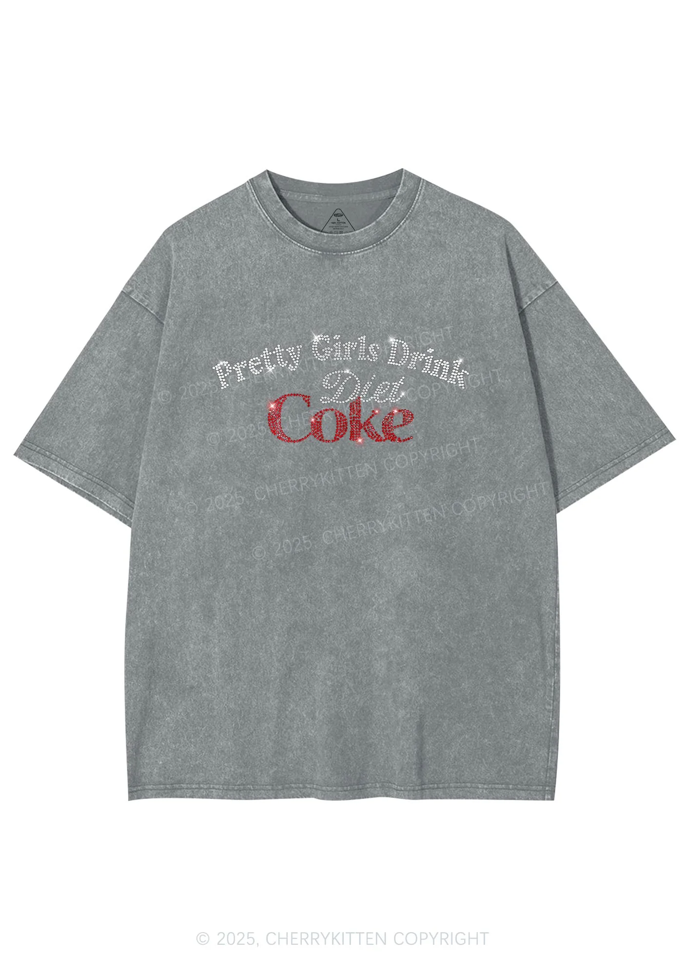 Rhinestone Pretty Girls Drink Diet Coke Y2K Shirts Washed Tee Cherrykitten - Image 7