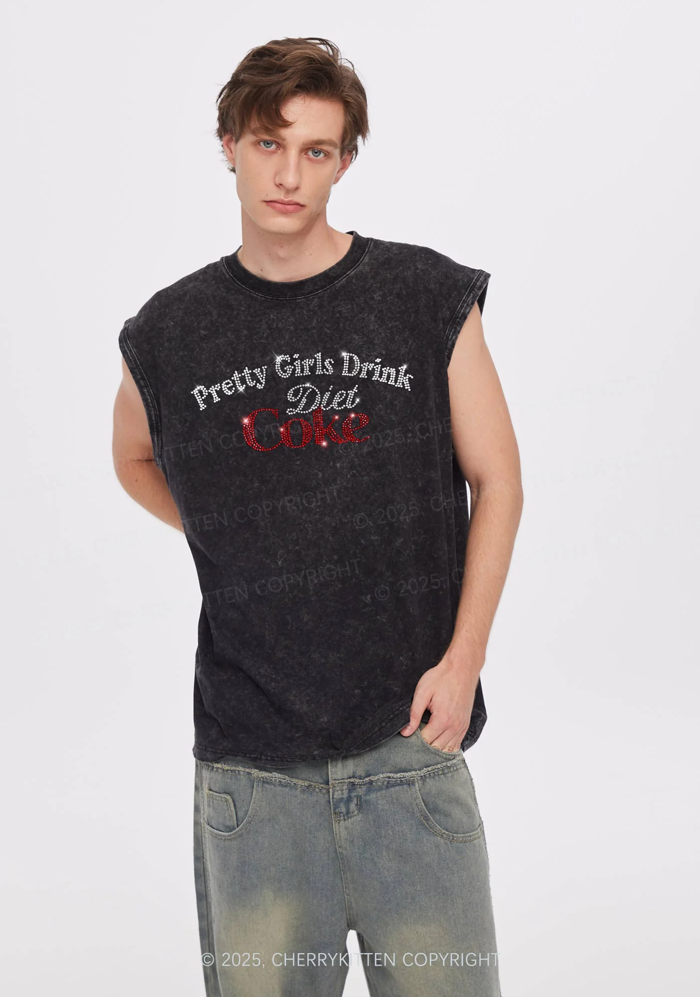 Rhinestone Pretty Girls Drink Diet Coke Y2K Washed Muscle Tank Cherrykitten - Image 2