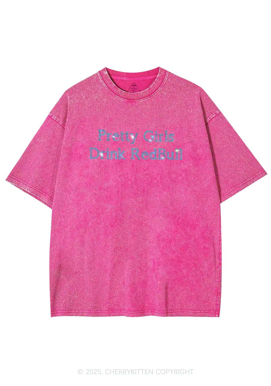 Rhinestone Pretty Girls Drink Red Y2K Shirts Washed Tee Cherrykitten - Image 4