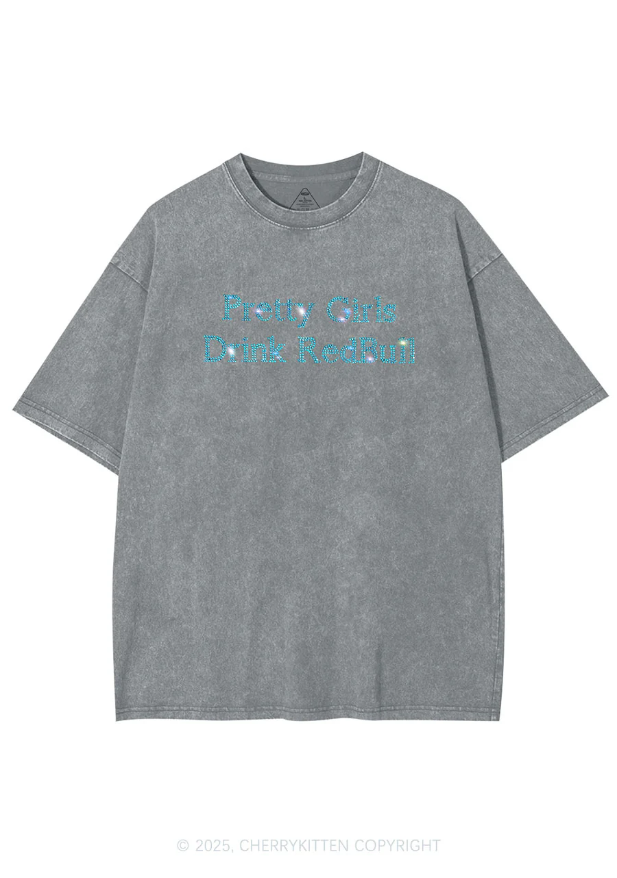 Rhinestone Pretty Girls Drink Red Y2K Shirts Washed Tee Cherrykitten - Image 6
