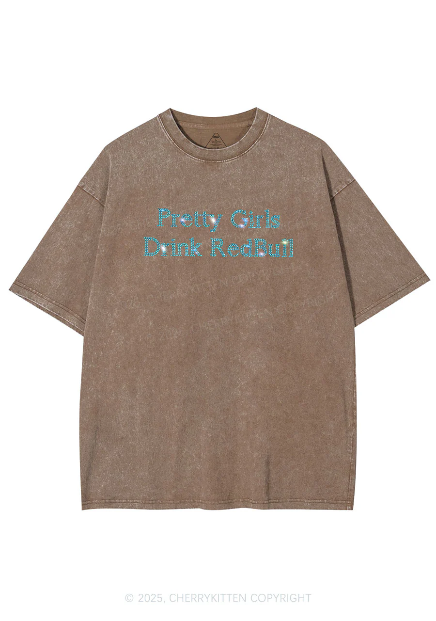 Rhinestone Pretty Girls Drink Red Y2K Shirts Washed Tee Cherrykitten - Image 7