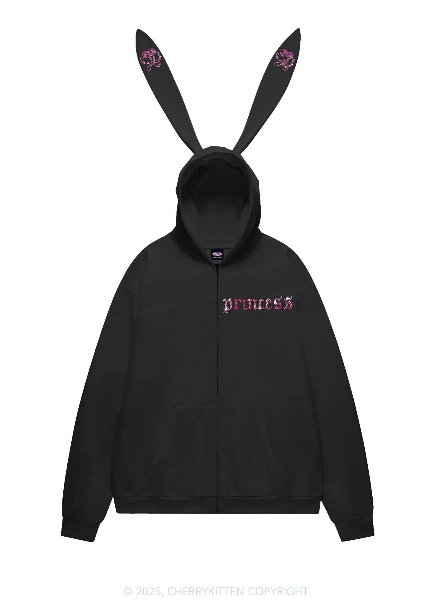 Rhinestone Princess Y2K Bunny Ear Zip Hoodie Cherrykitten - Image 3