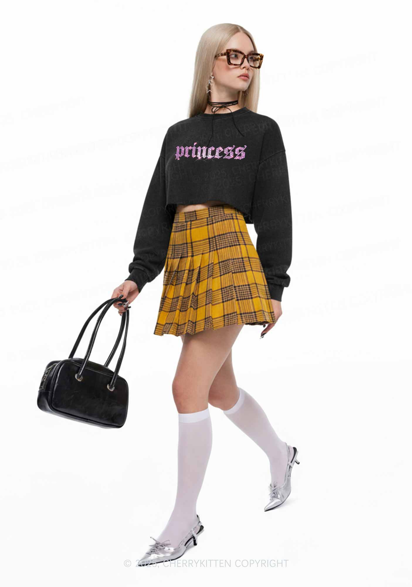 Rhinestone Princess Y2K Crop Washed Sweatshirts Cherrykitten - Image 2