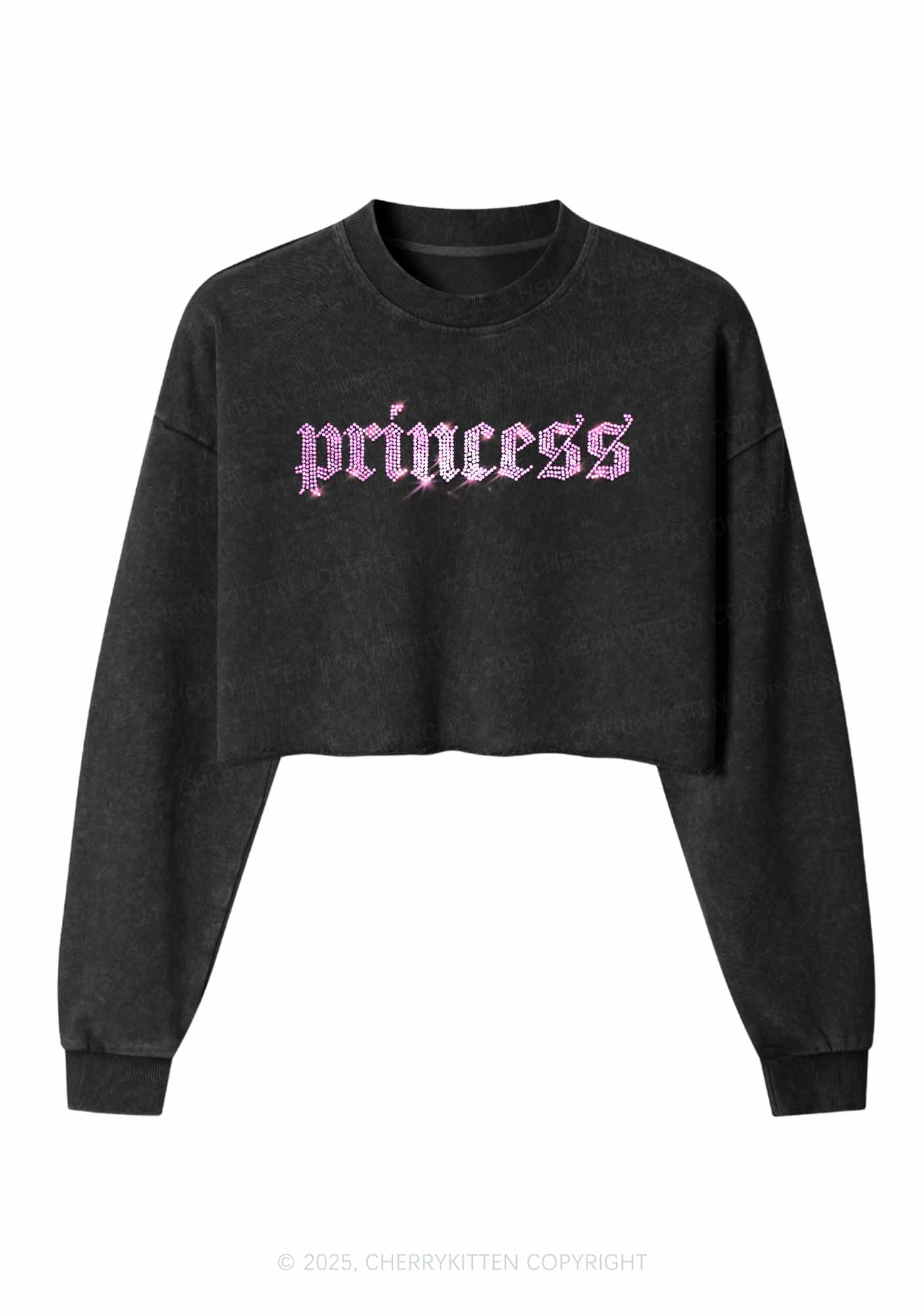 Rhinestone Princess Y2K Crop Washed Sweatshirts Cherrykitten - Image 3