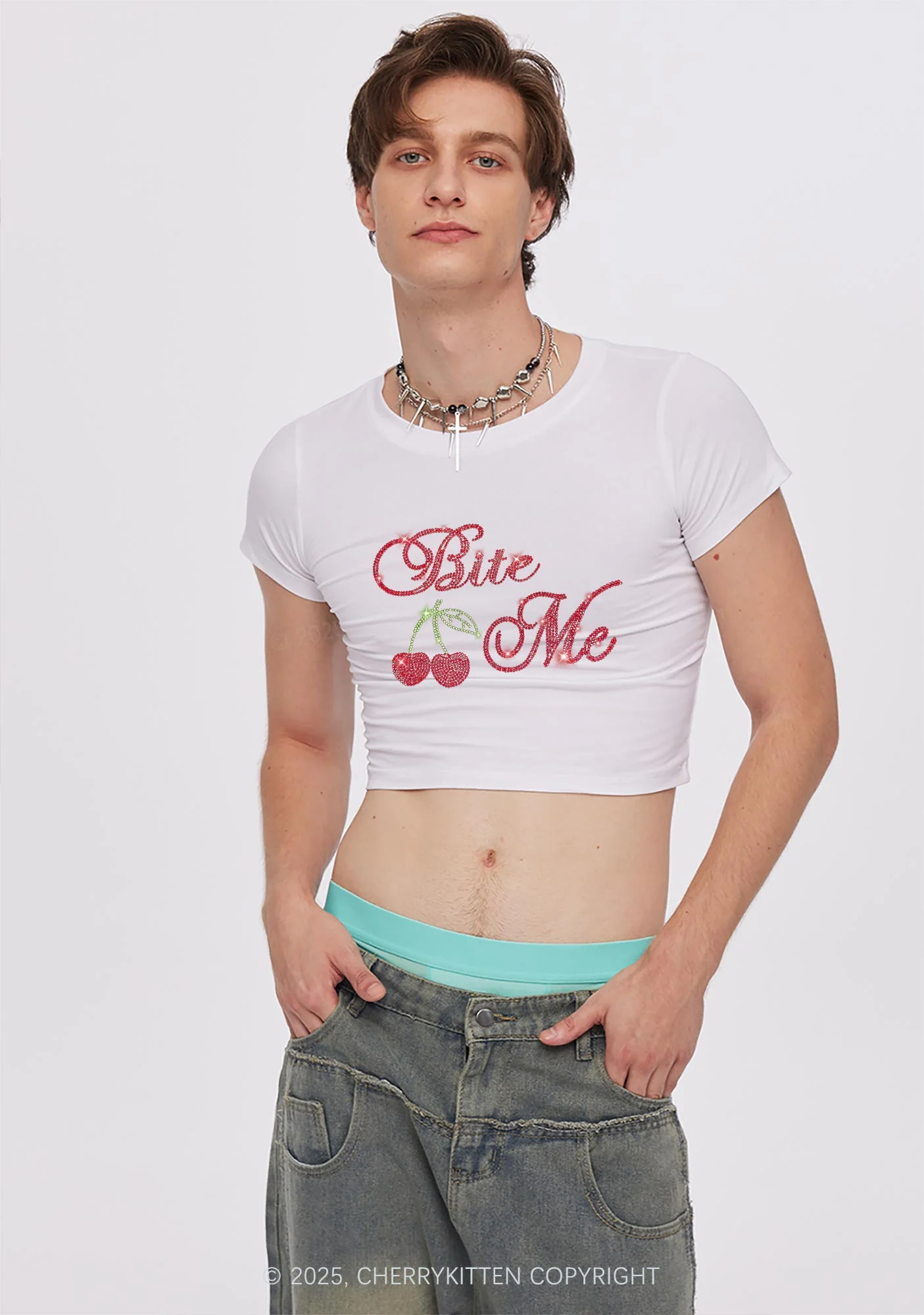 Rhinestone Red Cherry Bite Me Y2K Baby Tee Cherrykitten - Image 2