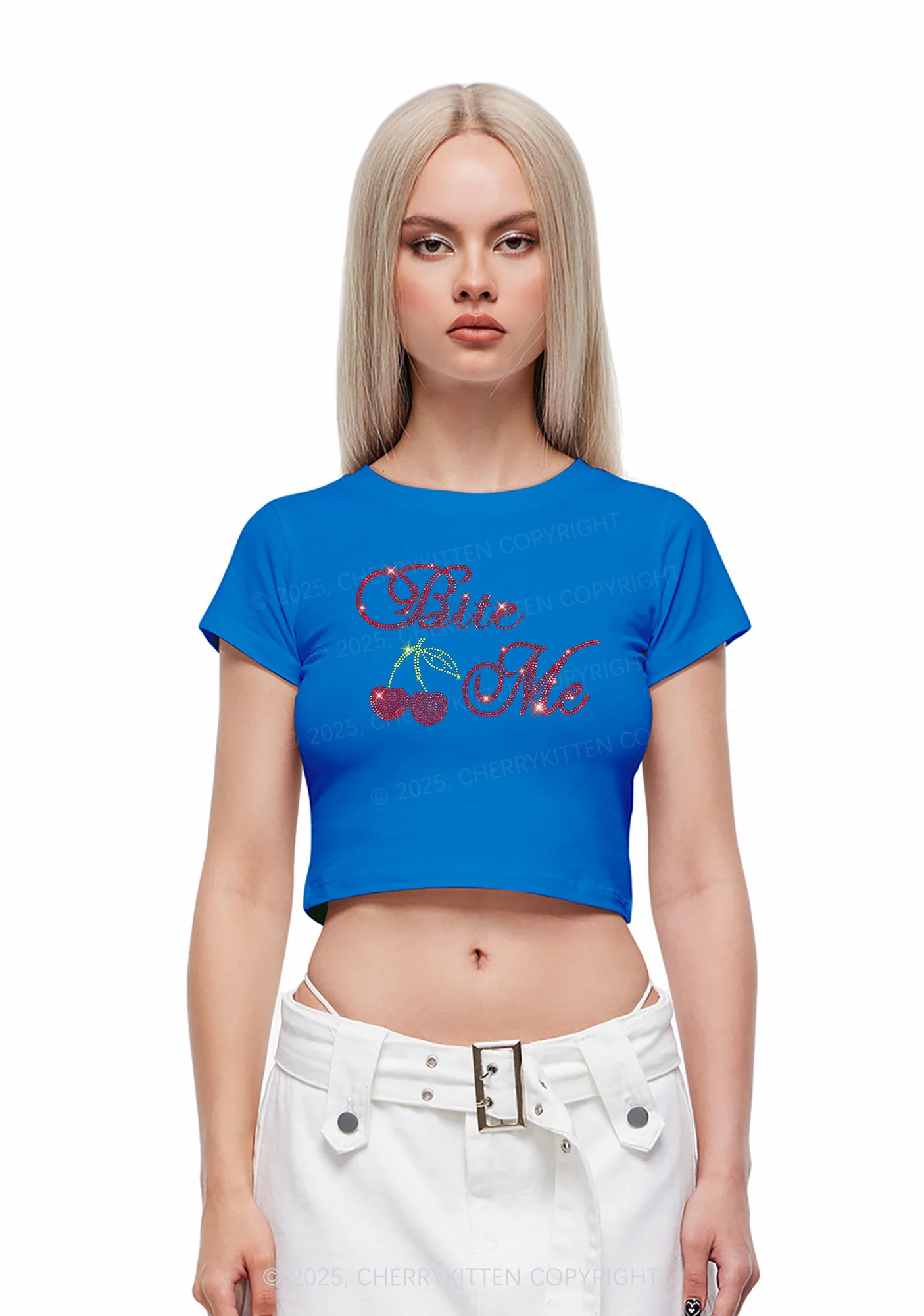 Rhinestone Red Cherry Bite Me Y2K Baby Tee Cherrykitten - Image 3