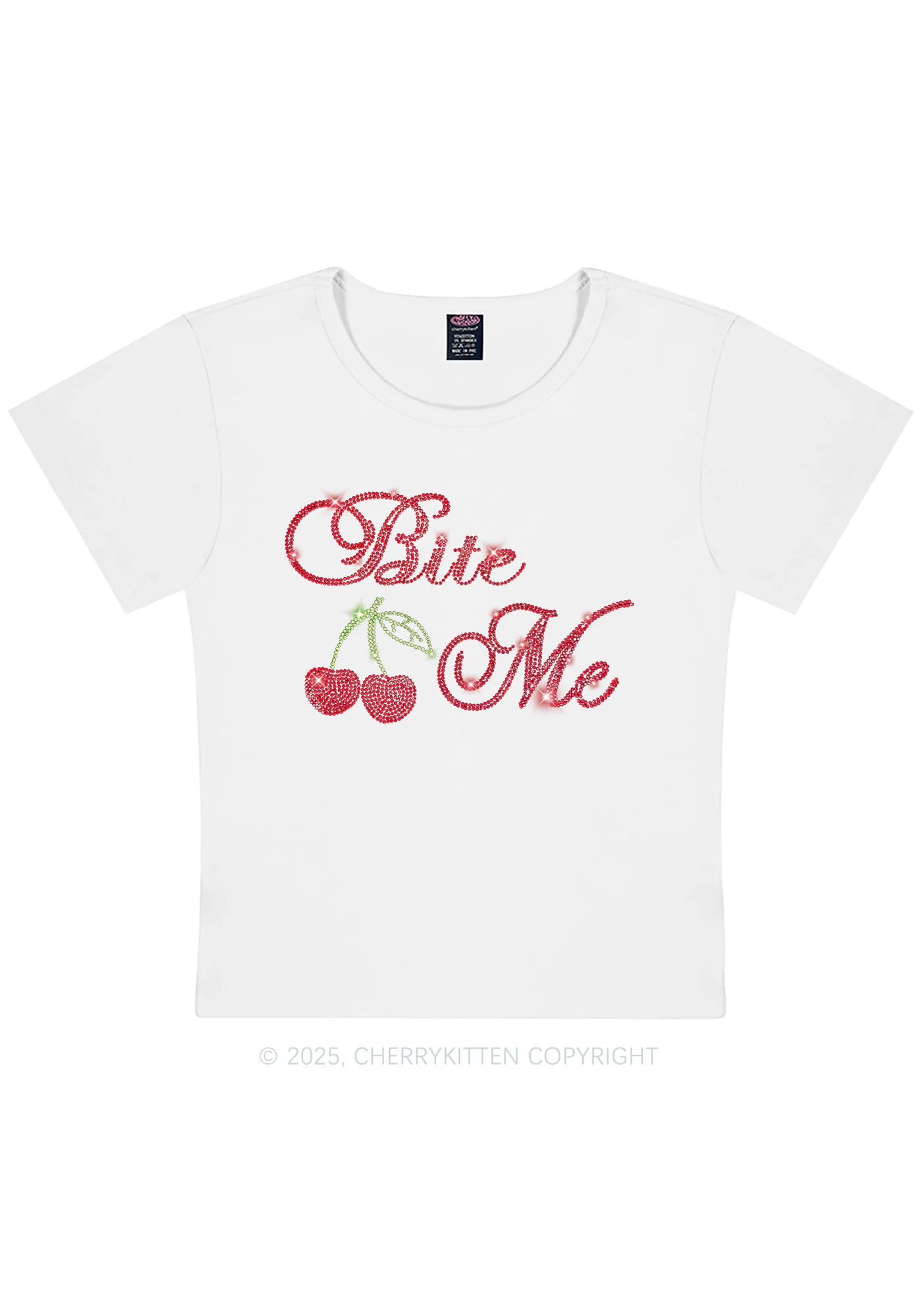 Rhinestone Red Cherry Bite Me Y2K Baby Tee Cherrykitten - Image 4