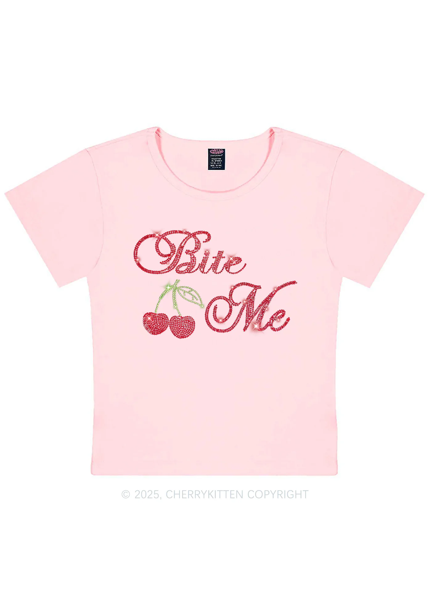Rhinestone Red Cherry Bite Me Y2K Baby Tee Cherrykitten - Image 8