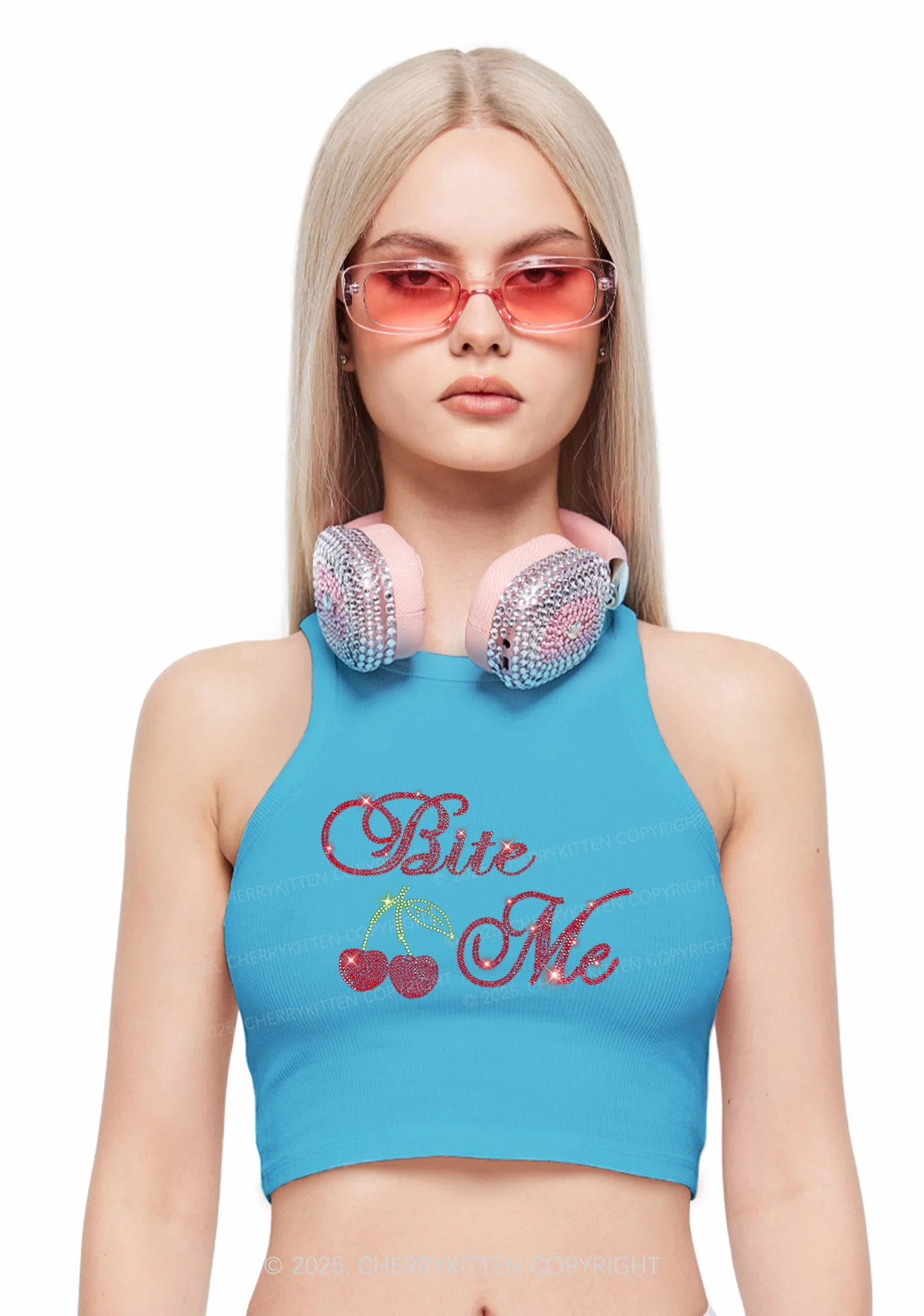 Rhinestone Red Cherry Bite Me Y2K Crop Tank Top Cherrykitten - Image 2