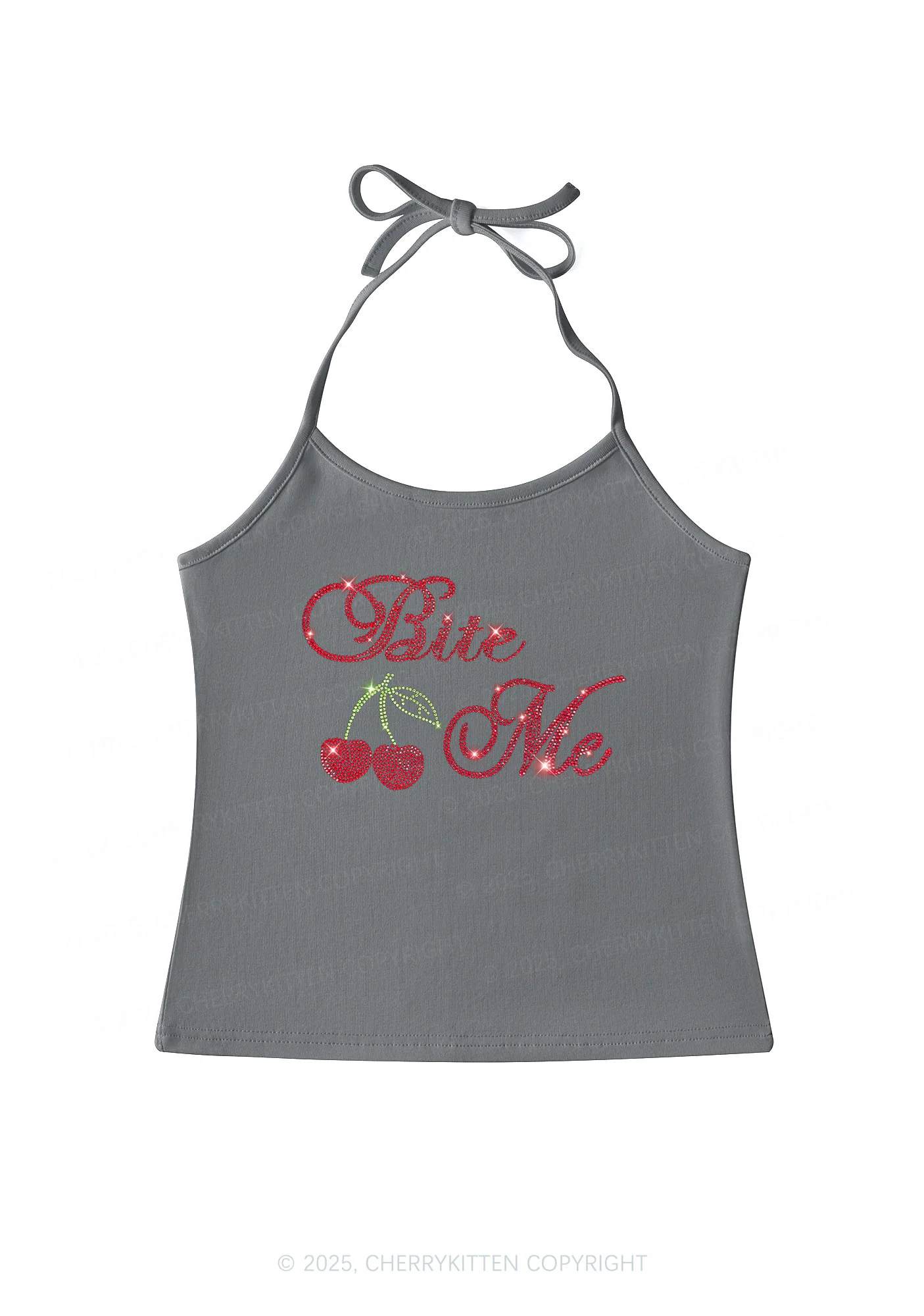 Rhinestone Red Cherry Bite Me Y2K Halter Neck Cami Cherrykitten - Image 2