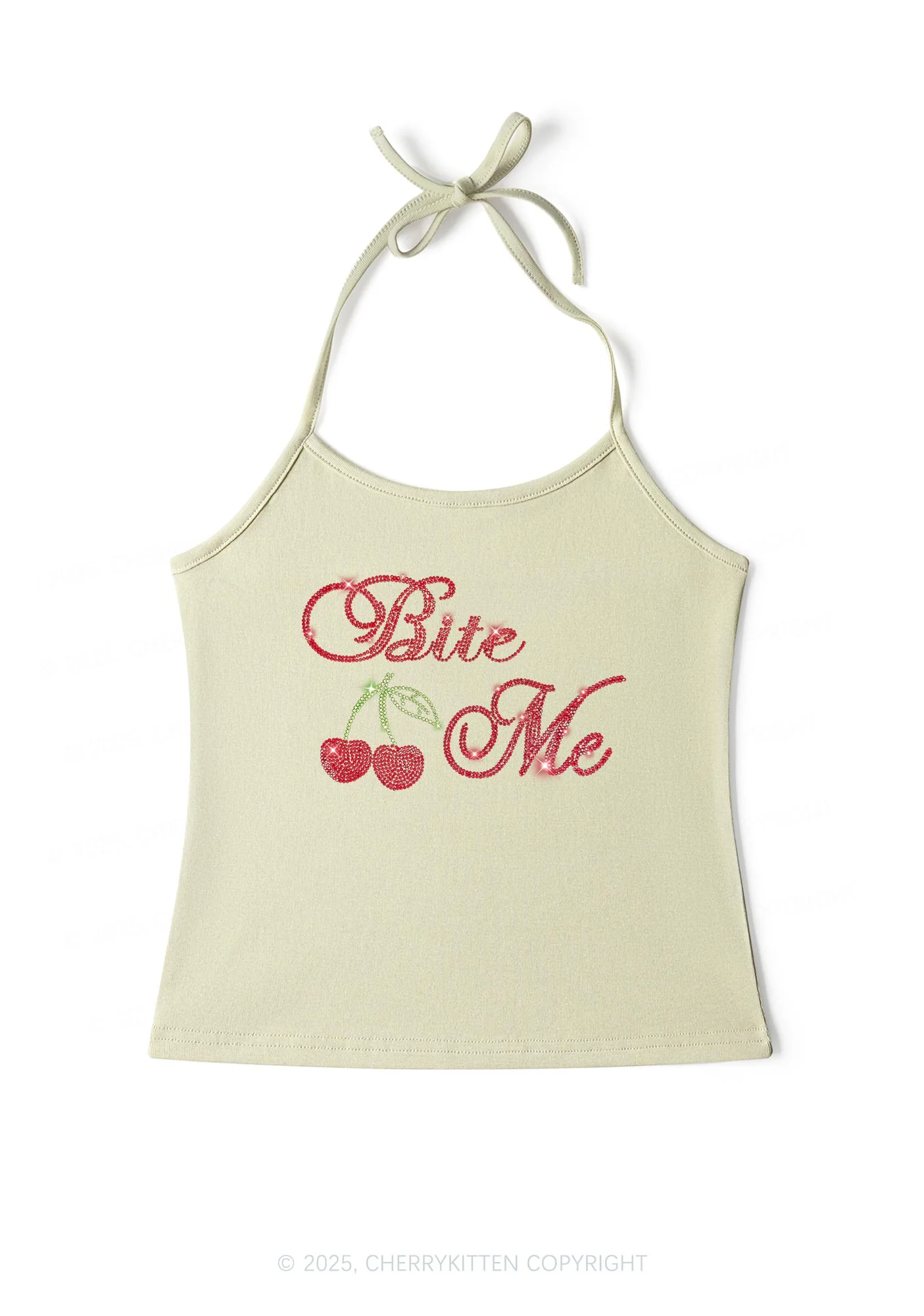 Rhinestone Red Cherry Bite Me Y2K Halter Neck Cami Cherrykitten - Image 4