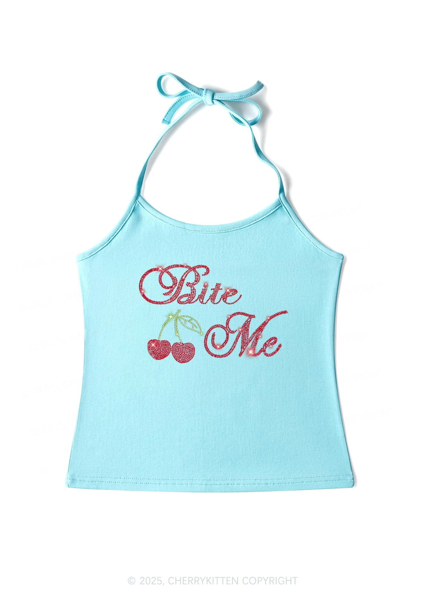 Rhinestone Red Cherry Bite Me Y2K Halter Neck Cami Cherrykitten - Image 5