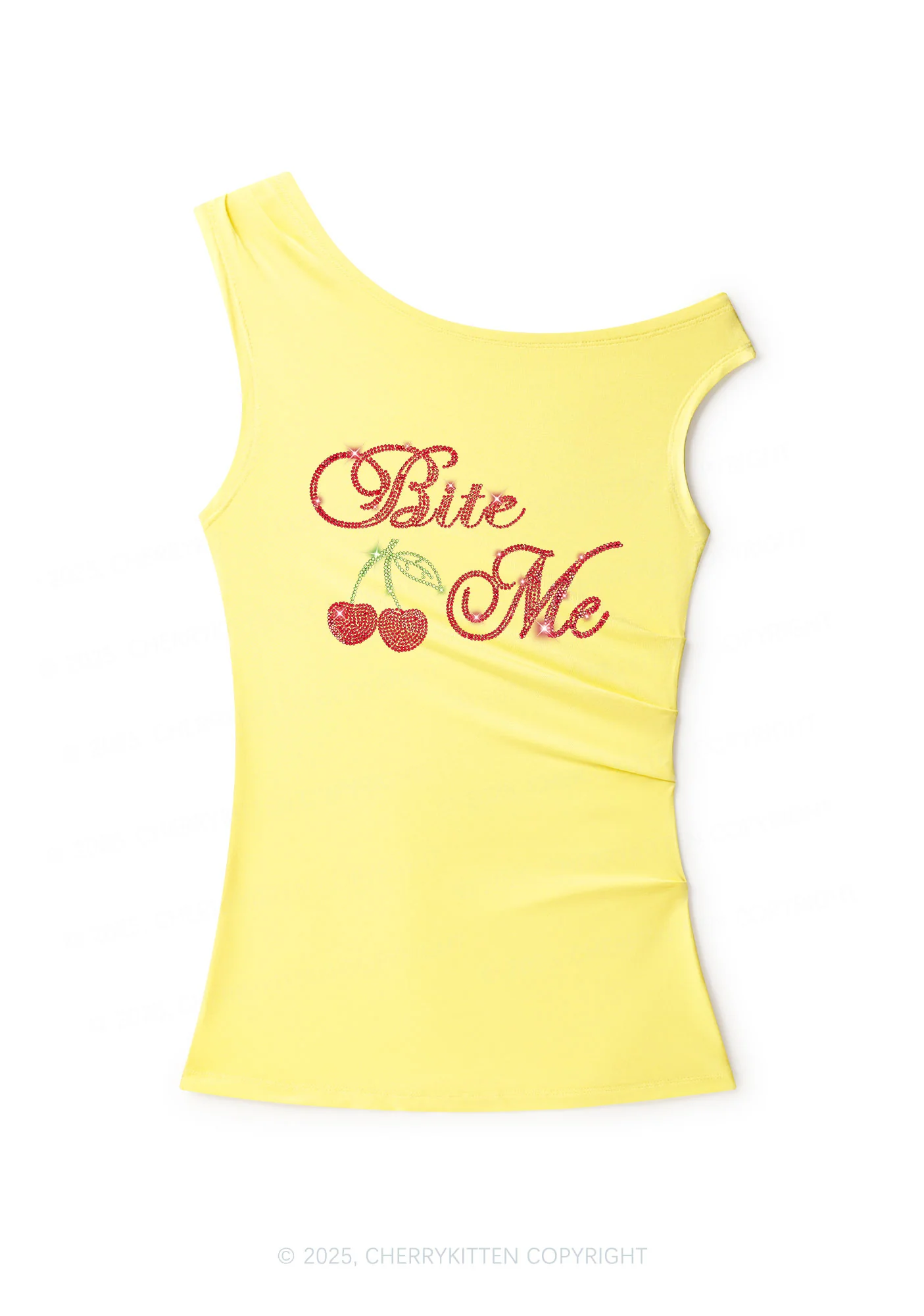 Rhinestone Red Cherry Bite Me Y2K Off Shoulder Tank Top Cherrykitten - Image 2