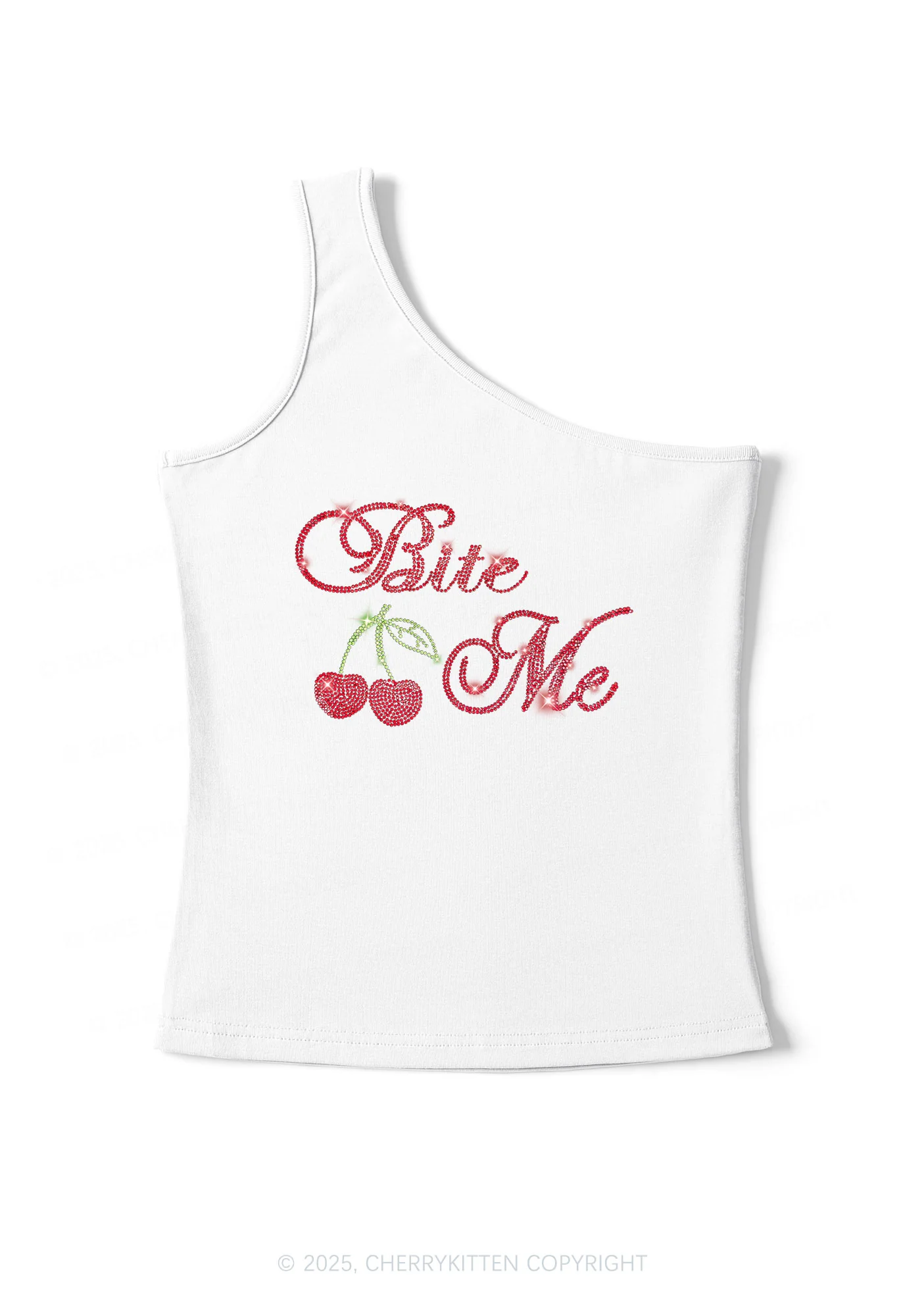 Rhinestone Red Cherry Bite Me Y2K One Shoulder Tank Top Cherrykitten - Image 2