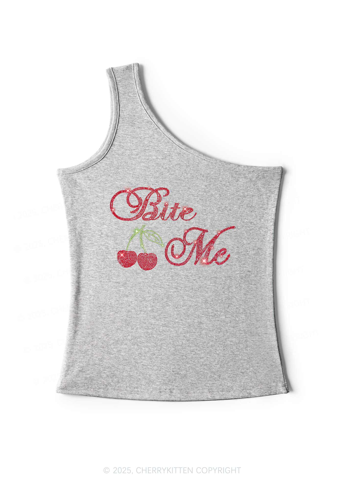 Rhinestone Red Cherry Bite Me Y2K One Shoulder Tank Top Cherrykitten - Image 4