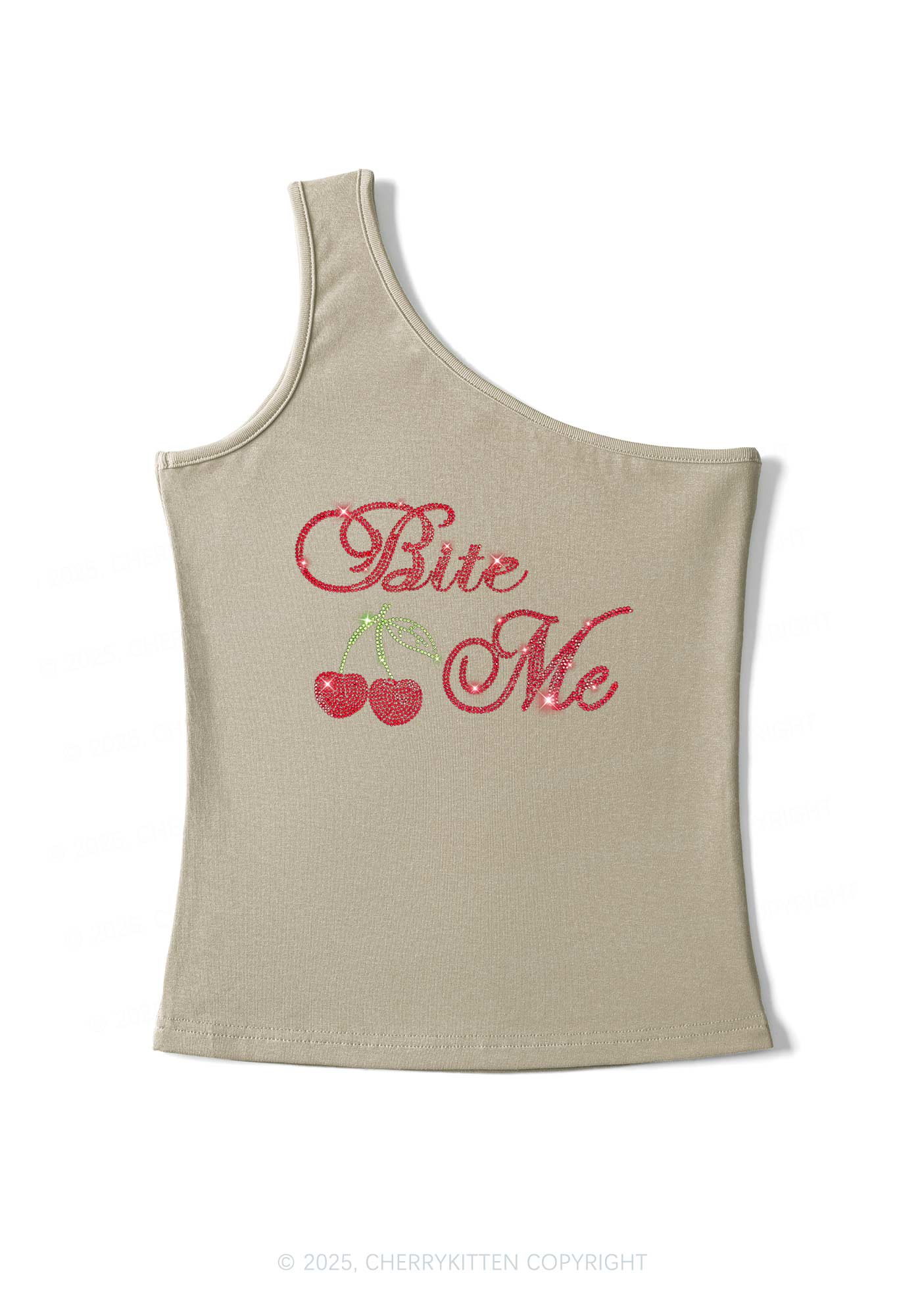 Rhinestone Red Cherry Bite Me Y2K One Shoulder Tank Top Cherrykitten - Image 5