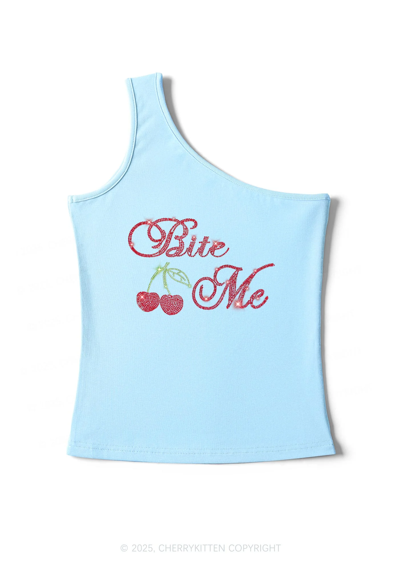 Rhinestone Red Cherry Bite Me Y2K One Shoulder Tank Top Cherrykitten - Image 6
