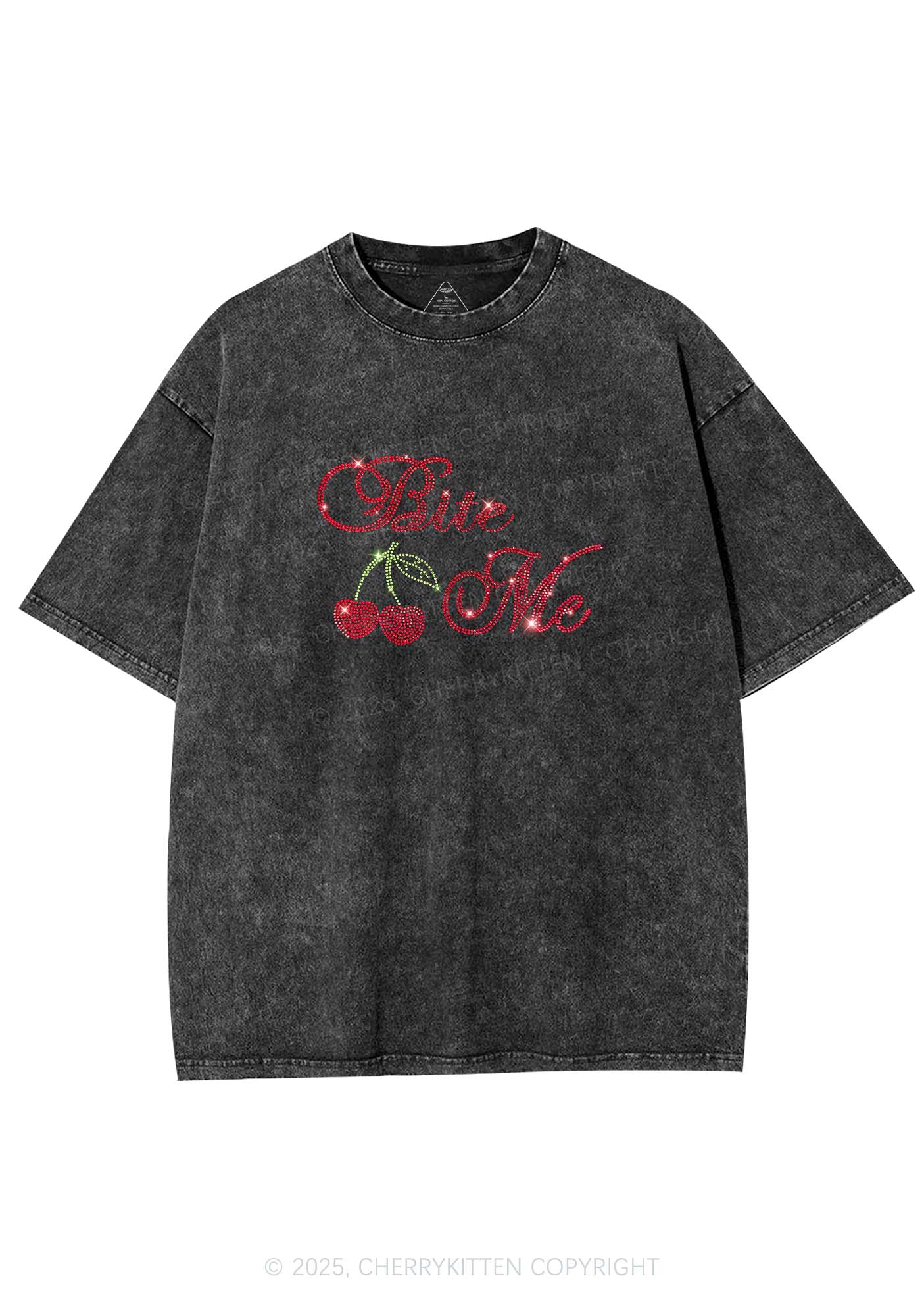 Rhinestone Red Cherry Bite Me Y2K Shirts Washed Tee Cherrykitten - Image 3