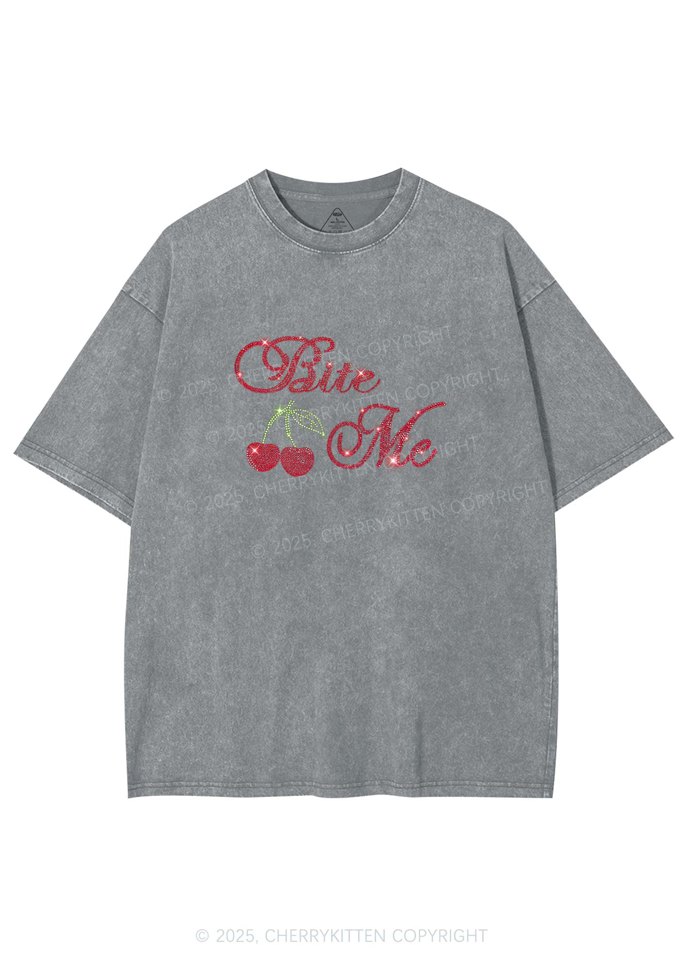 Rhinestone Red Cherry Bite Me Y2K Shirts Washed Tee Cherrykitten - Image 6