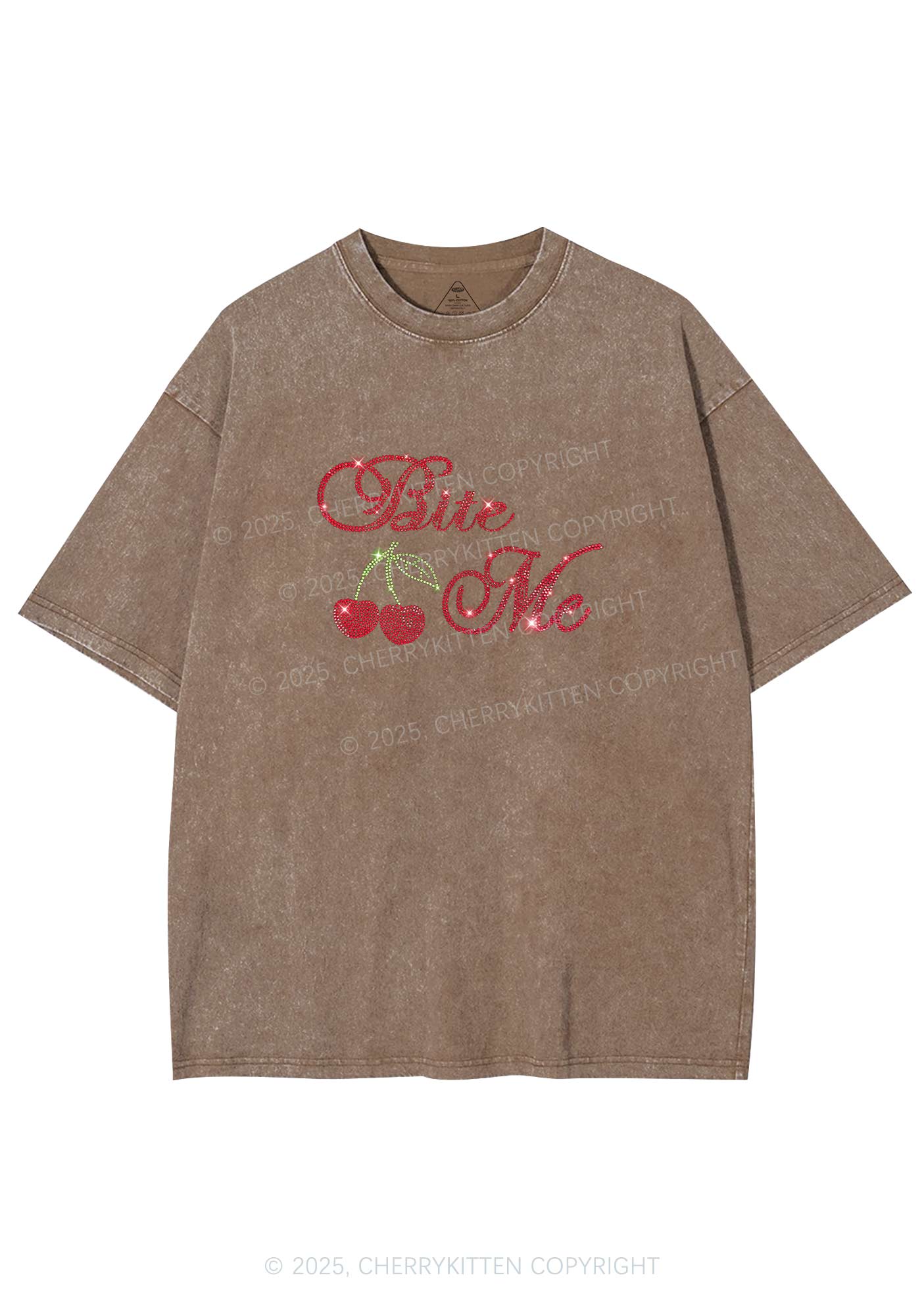Rhinestone Red Cherry Bite Me Y2K Shirts Washed Tee Cherrykitten - Image 7
